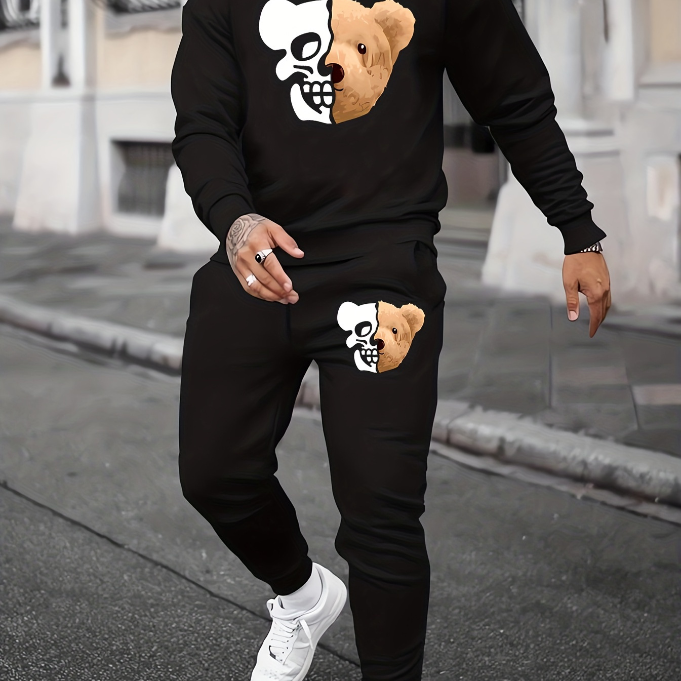 

Doble Face Bear Print, Men's 2pcs Outfits, Casual Crew Neck Long Sleeve Pullover Sweatshirt And Drawstring Sweatpants Joggers Set For Spring Fall, Men's Clothing