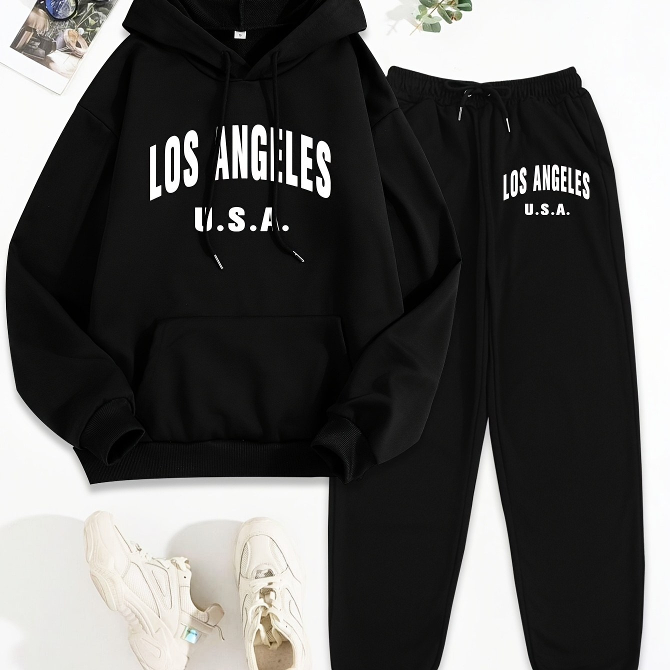 

's Los Usa Letter Set, & Pants, Knit Sweatshirt Long Sleeves And Drawstring Pants, Regular Fit For Fall/