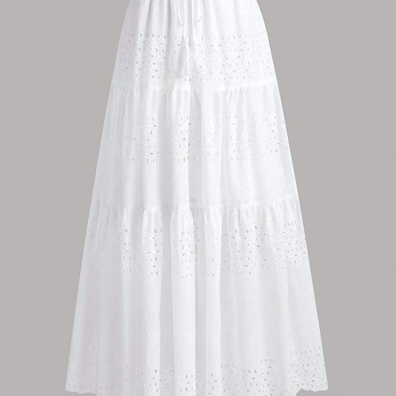 

Eyelet Embroidery Tassel Tie Waist Skirt, Casual Solid Color A-line Tiered Skirt For , Women's Clothing