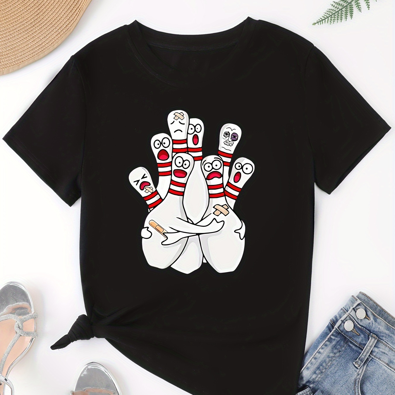

Cartoon Bowling Print T-shirt, Short Sleeve Crew Neck Casual Top For Summer & Spring, Women's Clothing
