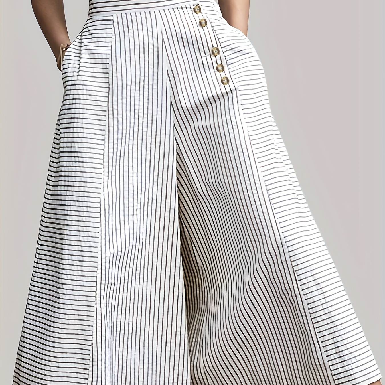 

Plus Size Casual Pants, Women's Plus Stripe Print Wide Leg Button Up High Rise Loose Pants