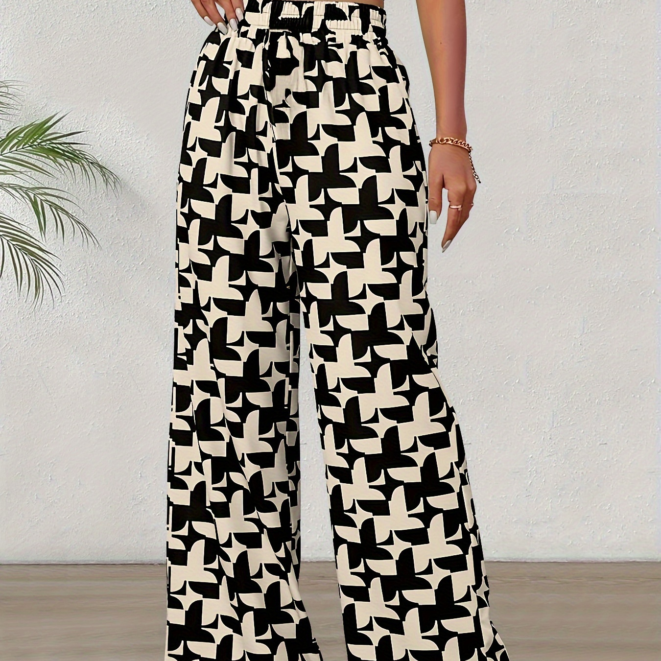 

] Women's Chic Geometric Print Wide-leg Pants - Casual Loose-fit With Drawstring Waist, Machine Washable Polyester , With Pockets