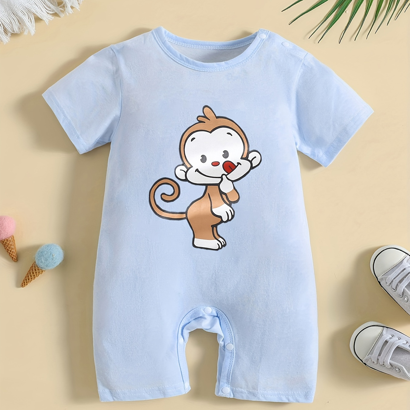 

Adorable Monkey Cartoon Print Cotton Baby Jumpsuit - Short-sleeved Newborn Onesie