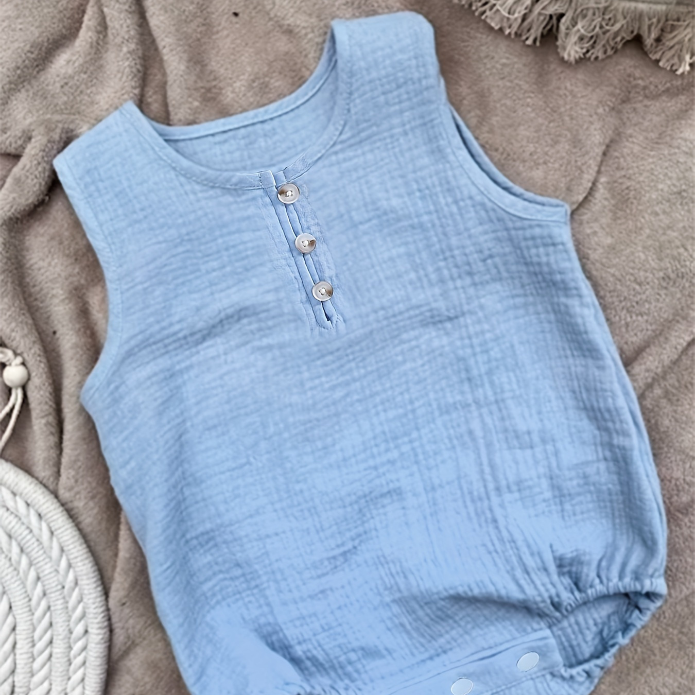 

Infant's Solid Color Cotton Muslin Bodysuit, Button Decor Sleeveless Romper, Baby Boy's Clothing