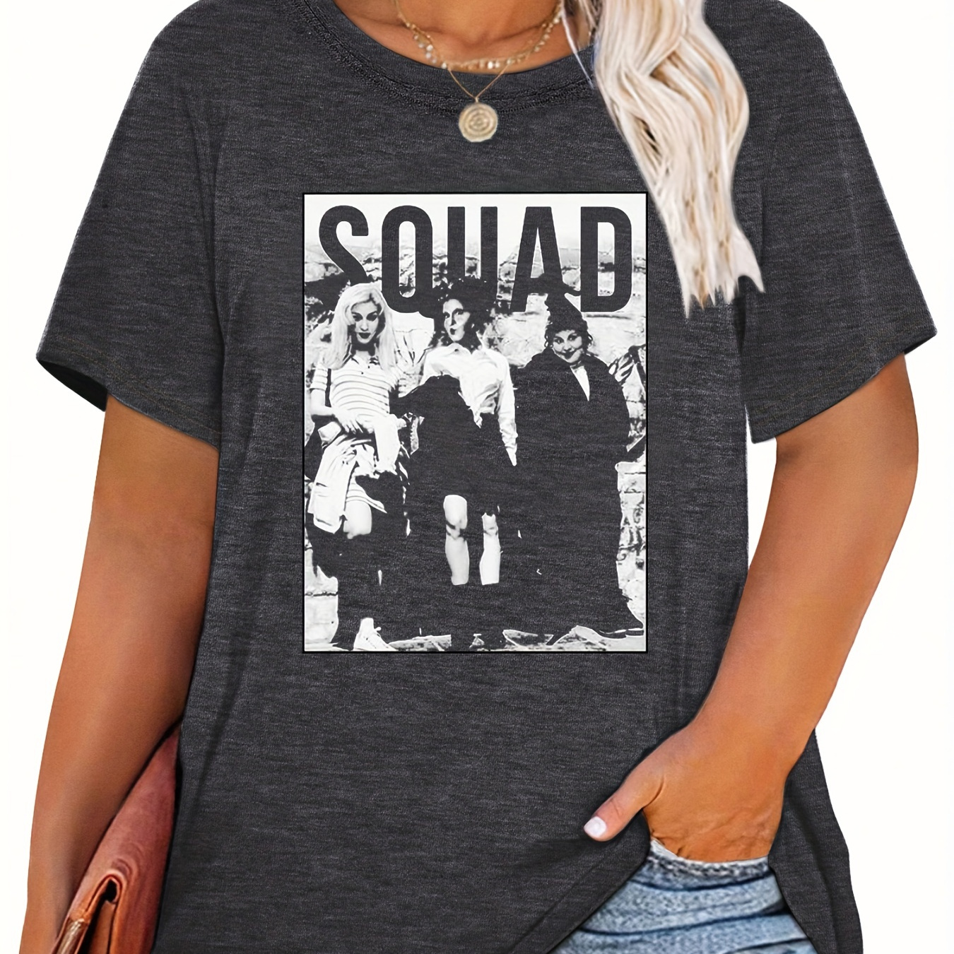 

Plus Size Halloween Casual T-shirt, Women's Plus Figure & Letter Print Short Sleeve Round Neck T-shirt