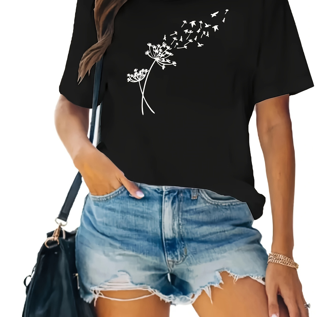 

Summer Casual Dandelion Print T-shirt For Women - Soft Polyester, H-fit, Short Sleeve, Round Neck, Knit Fabric, Comfortable & Loose Fit, Pad, Sleeve Drop Shoulder Design