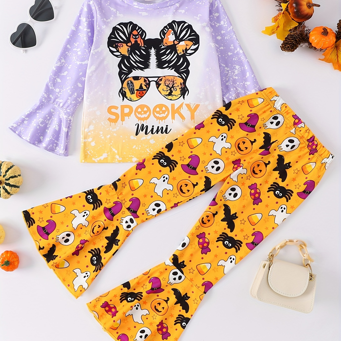 

2pcs Girl's Halloween Themed Outfit, Color Gradient Long Sleeve Top & Flared Pants Set, Kid's Clothes For Spring Fall