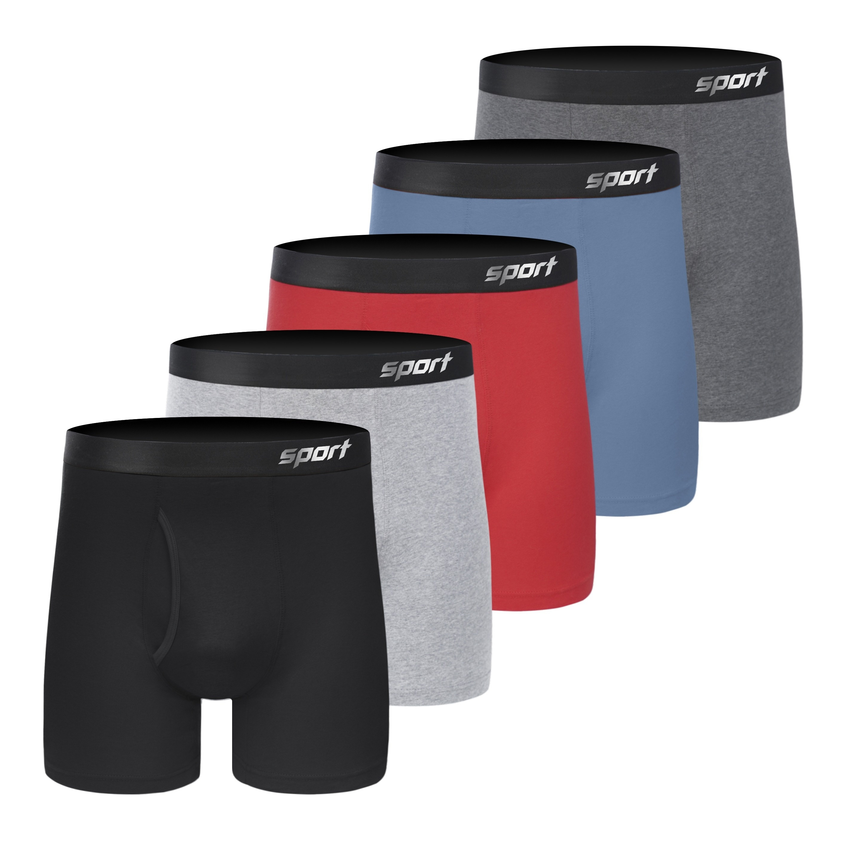 

5pcs Sports Print Men's Cotton Long Style Boxer Briefs With Half Open Fly, Comfortable Underwear High Elastic Waistband Sports Trunks Soft & Breathable Underpants For Daily Wear & Sleep
