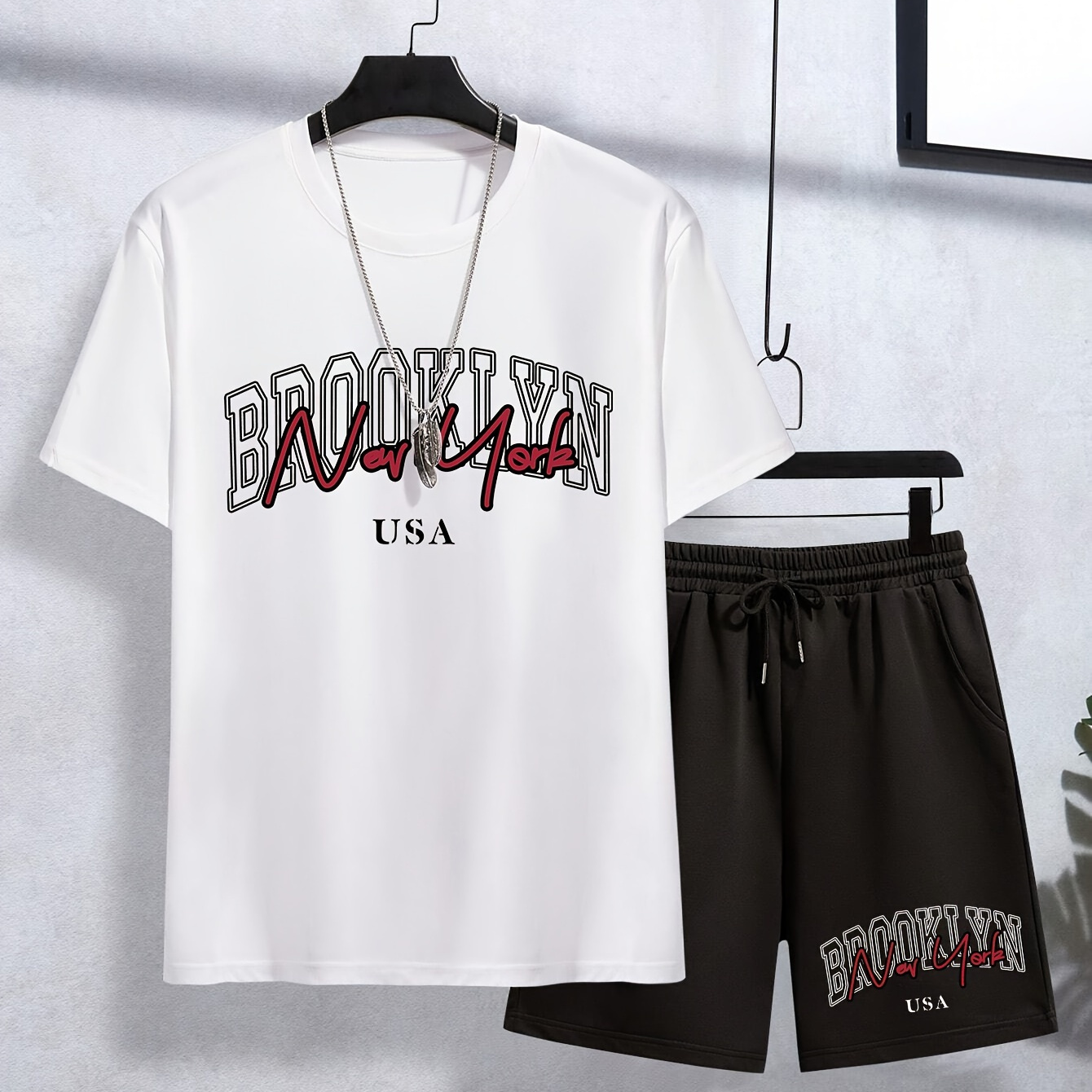 

2pcs Boys Casual Brooklyn Rugby Graphic Print Short Sleeve T-shirt&shorts Set, Comfy Summer Kids Clothes