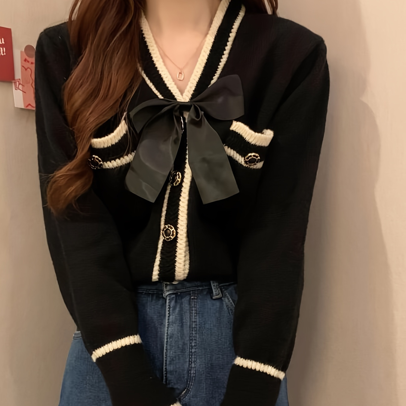 

Elegant Black Knit Cardigan With Large Bow Detail - V-neck, Long Sleeve, Striped Women' Sweater For Spring/fall, Beautiful Temperament, Knot