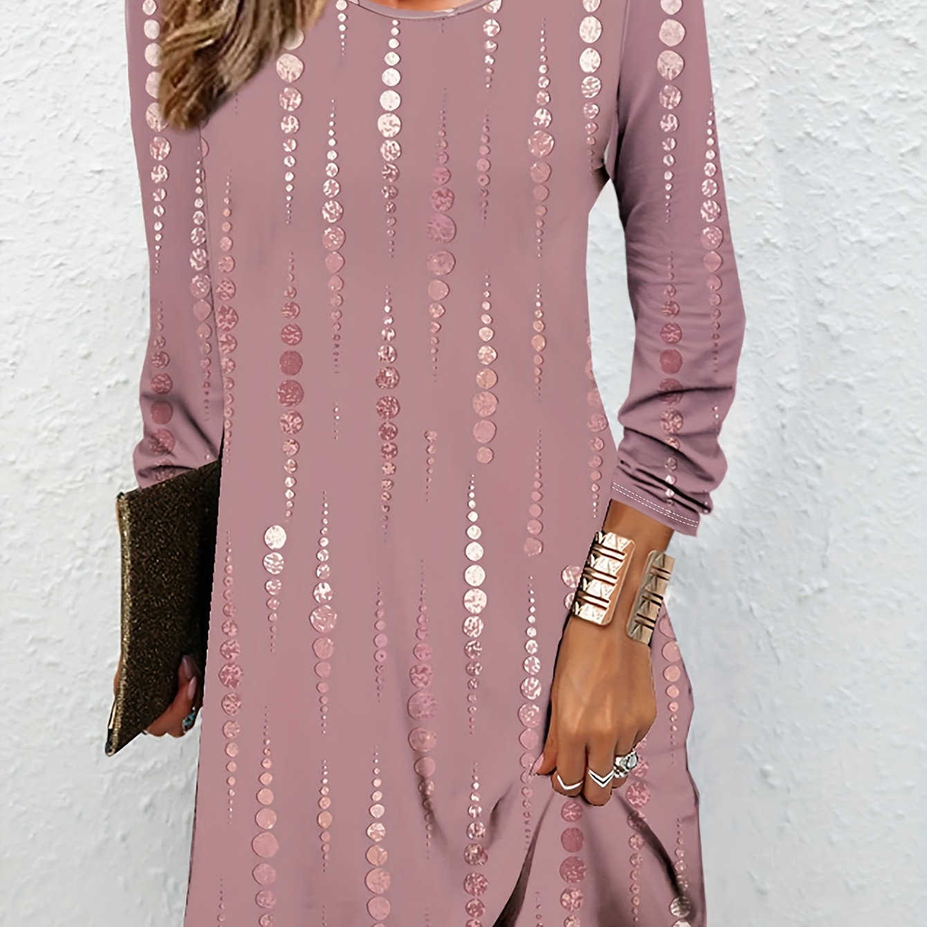 

Elegant Crew Neck Long Sleeve Dress With Polka , Peplum Design, Polyester Knit Fabric, For Women, Spring/fall Midi Dress