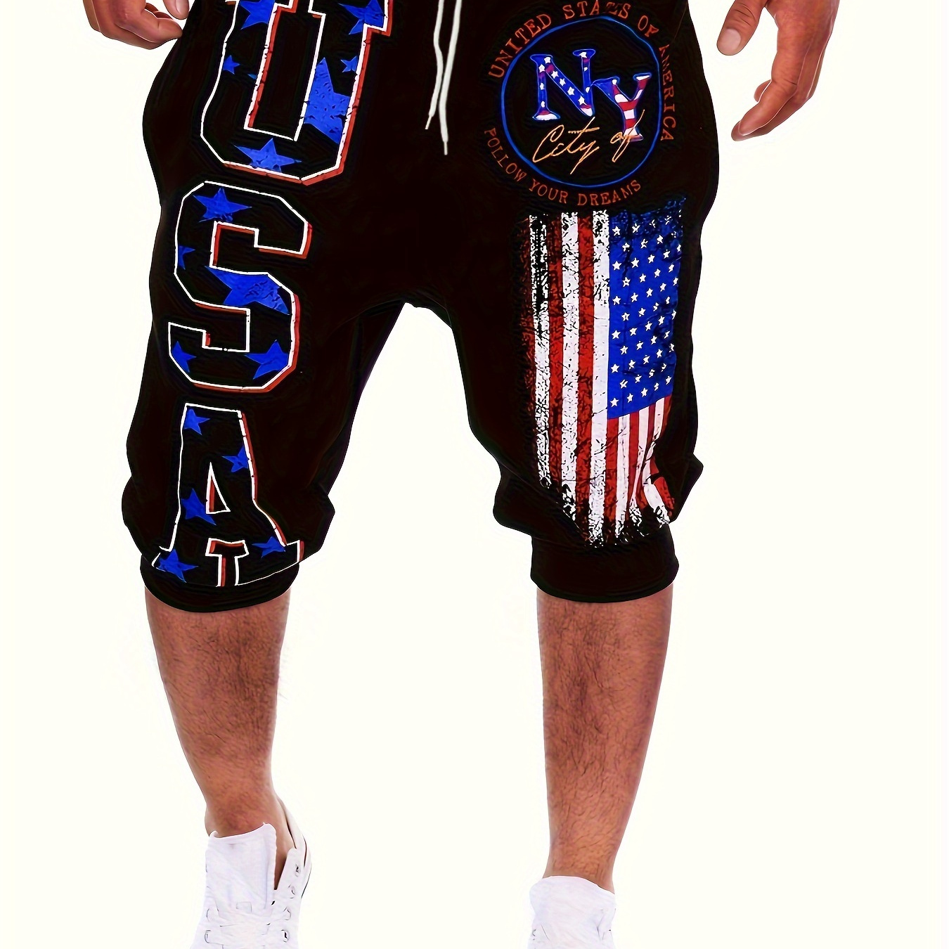 

1pc, Men's American Flag Pattern And Letter Print "usa" Capri Pants With Drawstring And Pockets, Chic And Stylish Comfy Shorts For Summer Outdoors And Sports Wear