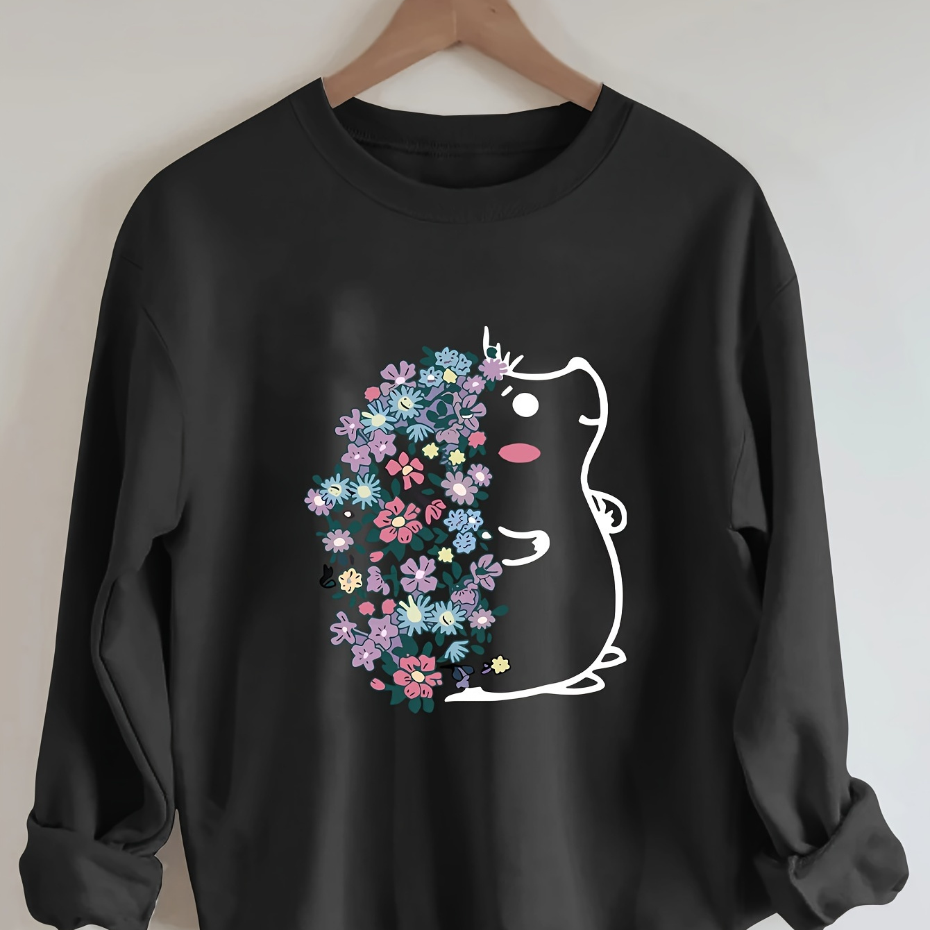 

Floral Printed Pullover With Hedgehog Design, Long Sleeve, , Crew Neck, Polyester Fabric, Stretch, Fall/winter