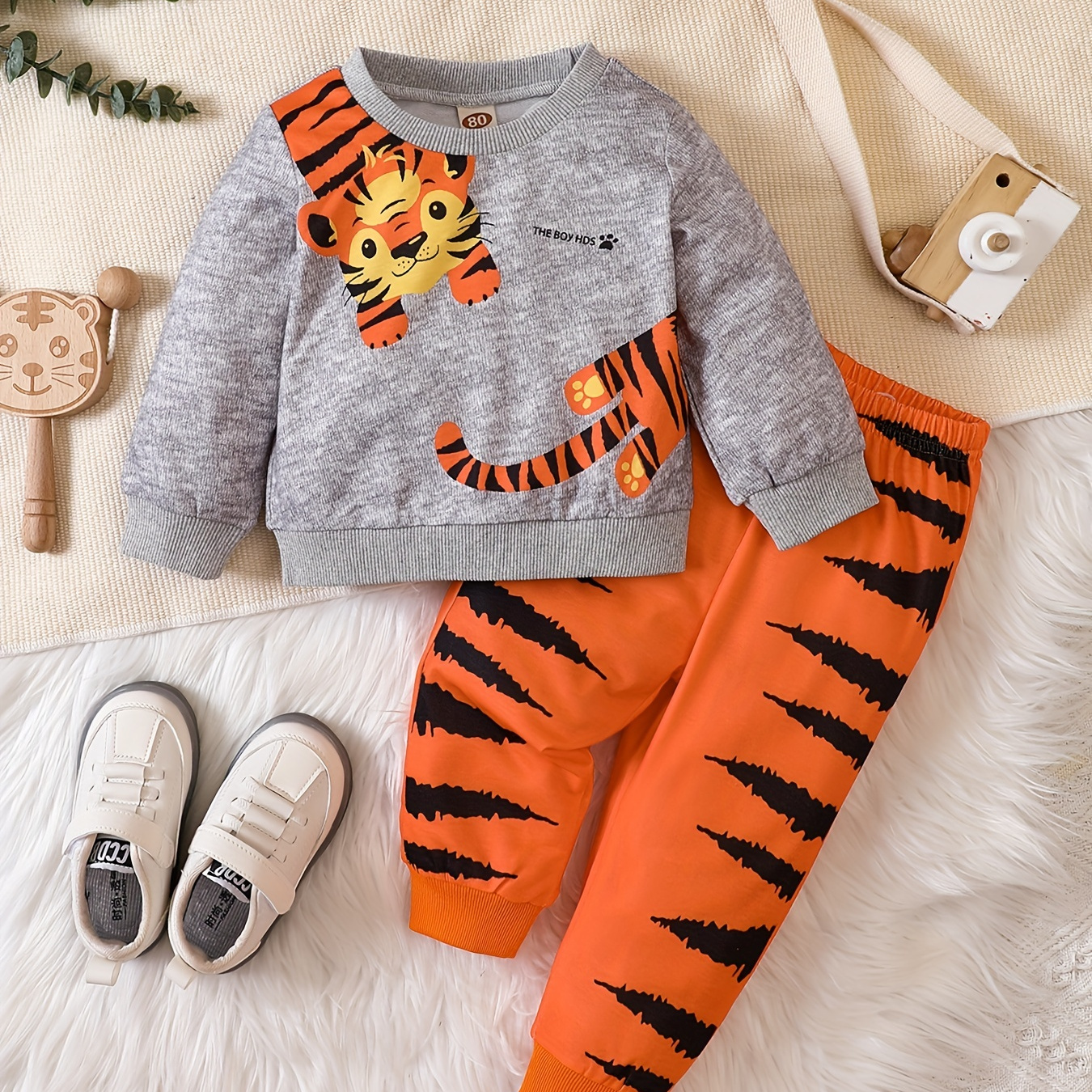 2pcs Multicolor Baby Boys Cute Childlike Tiger Print Casual Round Neck Long Sleeve Top & Pants Set, Kids Tracksuits Street Wear