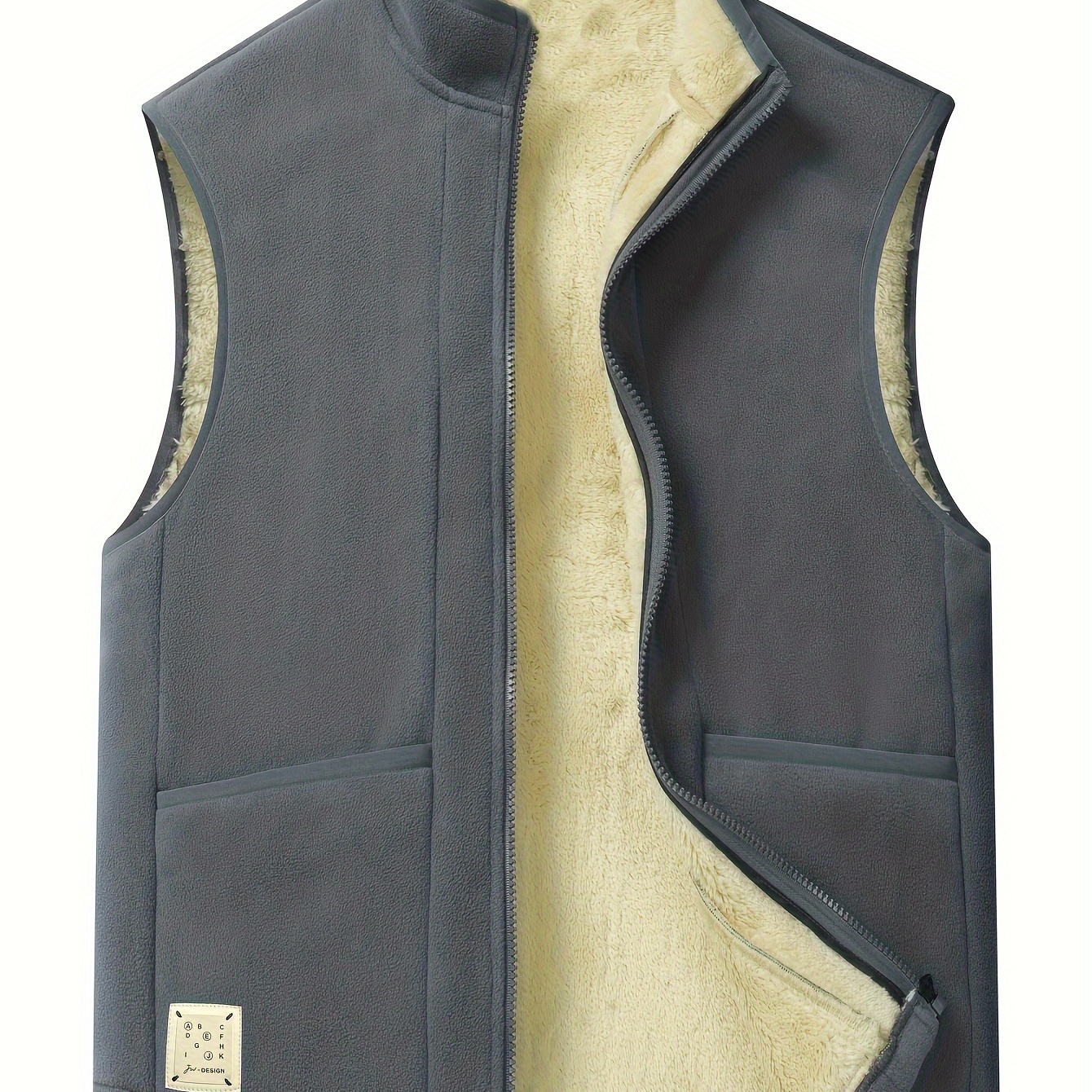 

Men's Cozy Gray Fleece-lined Vest - Casual Polyester Sleeveless Jacket With Pockets, Stand Collar For Fall/winter , Sweater Vest