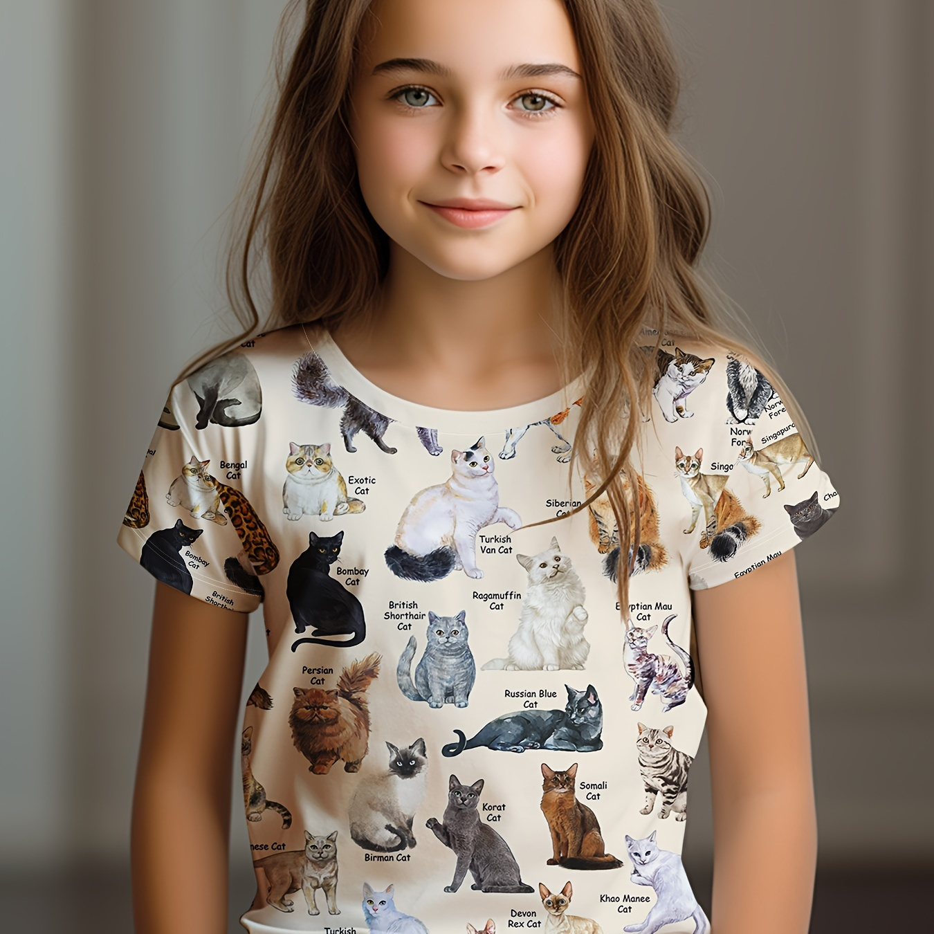 

Cat Print Crew Neck Short Sleeve T-shirt, Comfy Breathable Tops For Girls Summer