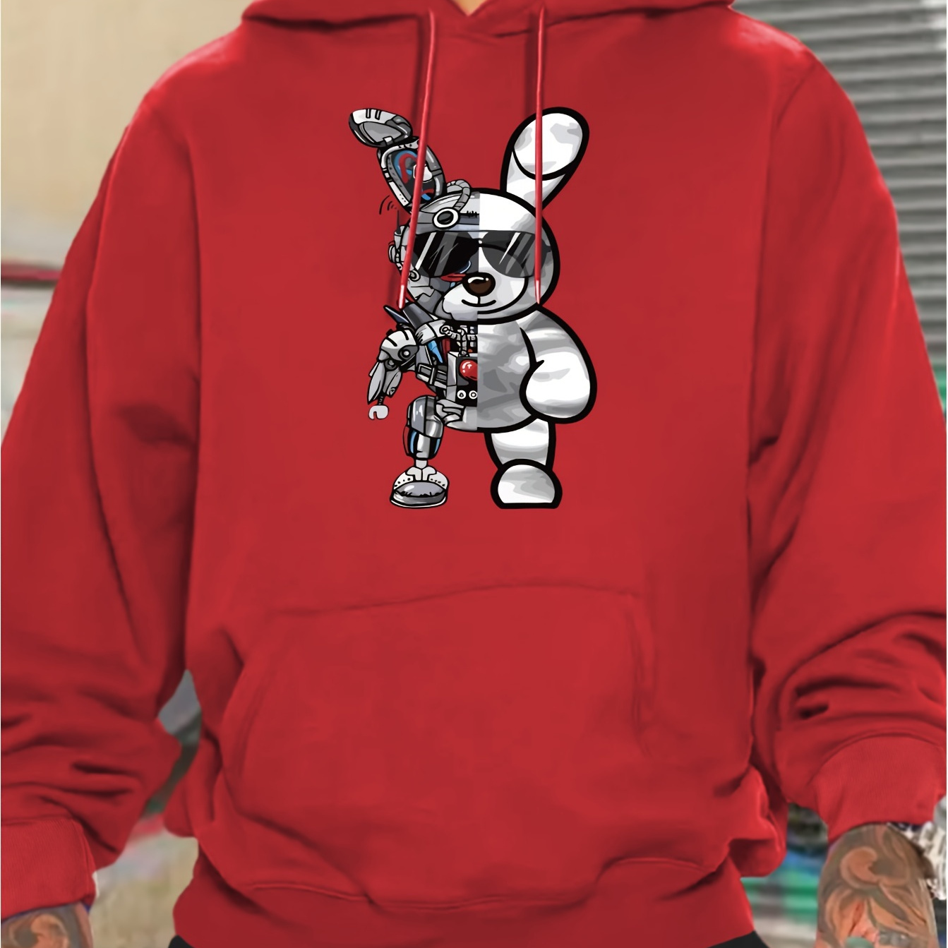 

Men's Casual Hoodie With Print, Knitted Polyester Hooded Sweatshirt, Comfortable Long Sleeve Pullover With Drawstring, Animal Pattern, Regular Fit For Fall/winter