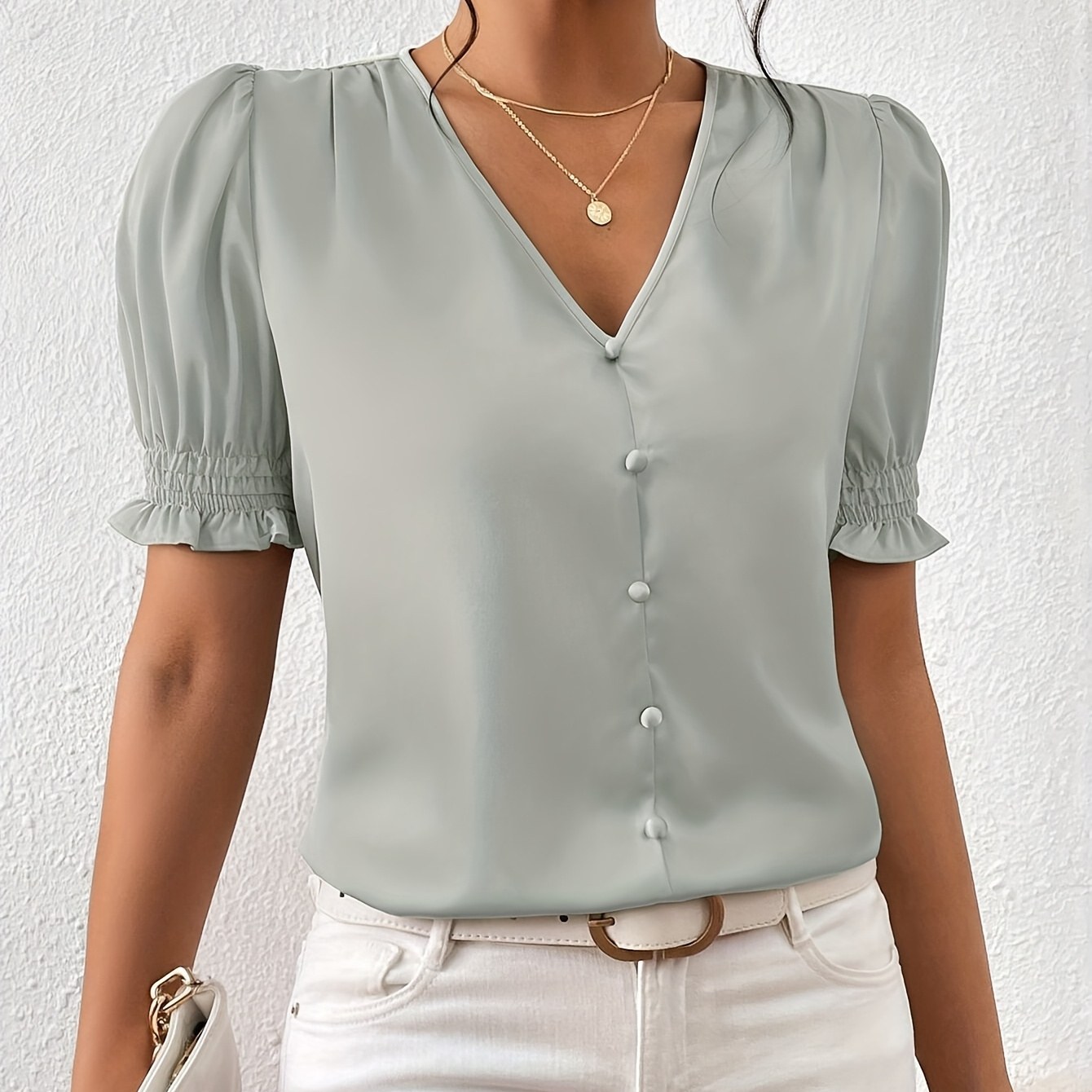 

Puff Sleeve Shirred Cuff Blouse, Elegant Button Tucked V Neck Blouse For Spring & Summer, Women's Clothing