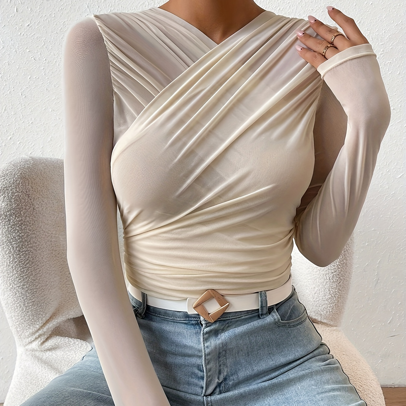 

Solid Color Ruched Sheer T-shirt, Chic Long Sleeve T-shirt For Spring & Fall, Women's Clothing