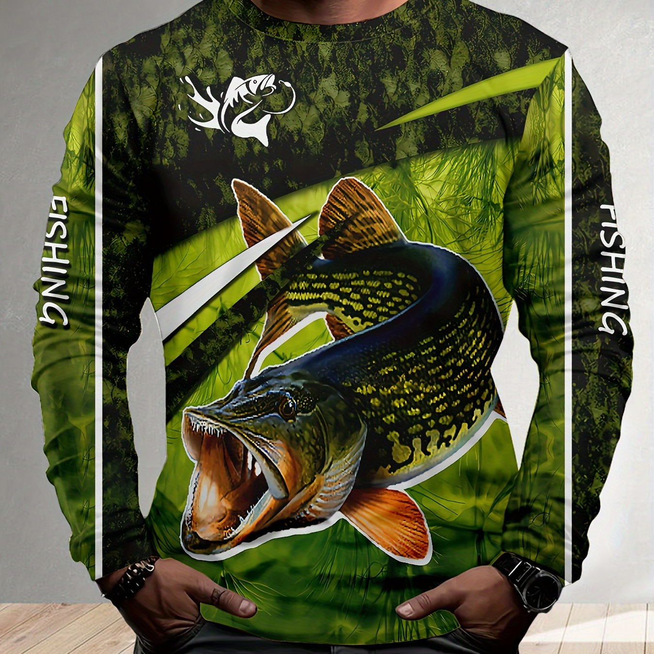 

Fishing-themed Graphic Print Crew Neck Long Sleeve T-shirt - Casual Polyester Knit Fabric Tee With Slight Stretch For Men, 4 Seasons