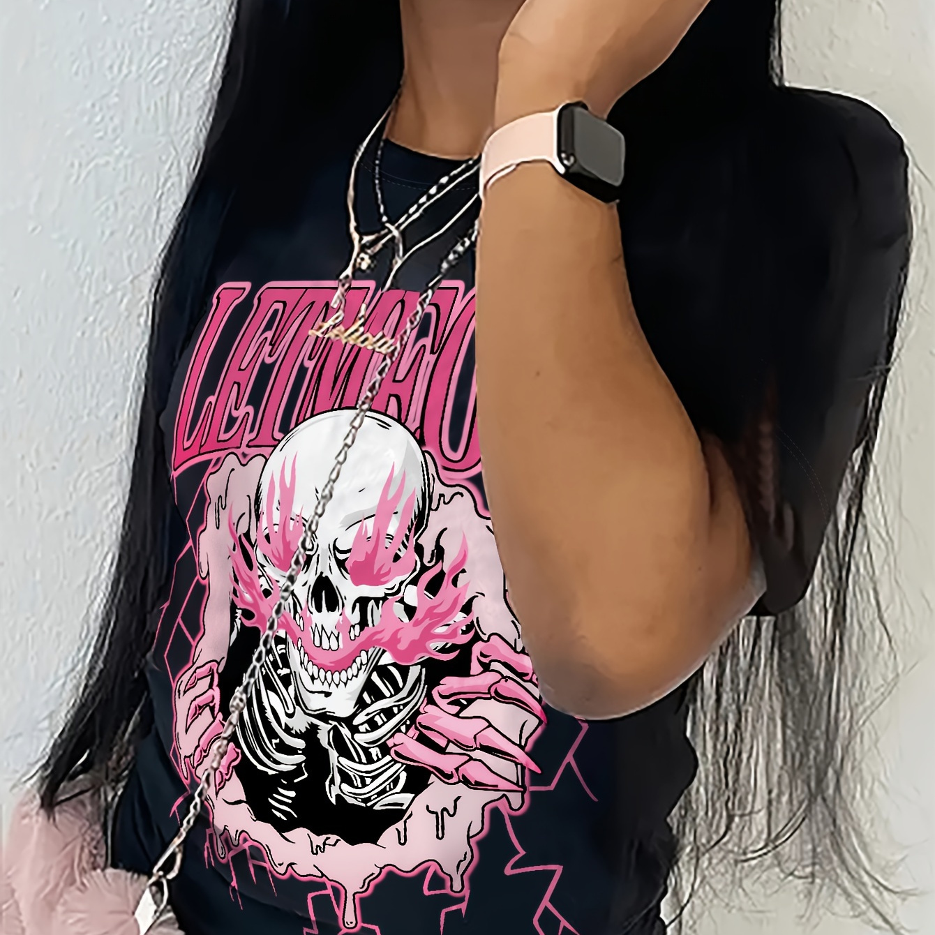 

Skull Neck T-shirt, Casual Short Sleeve Top For , Women's Clothing