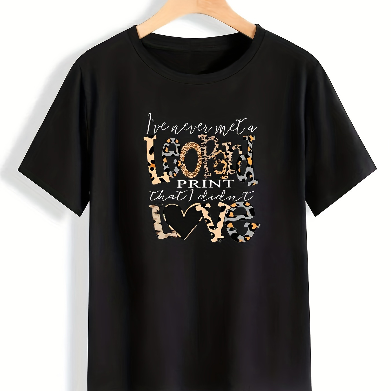 

Plus Size Casual T-shirt, Women's Plus Leopard Letter Print Short Sleeve Round Neck Slight Stretch T-shirt