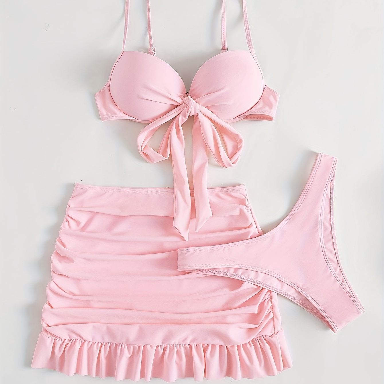 

Plain Pinkish Bikini Set With Bow Tie Top & & Panty Skirt, Beachwear Swimsuit, Vacation Style Swimwear, Spaghetti Strap, Three-piece Set