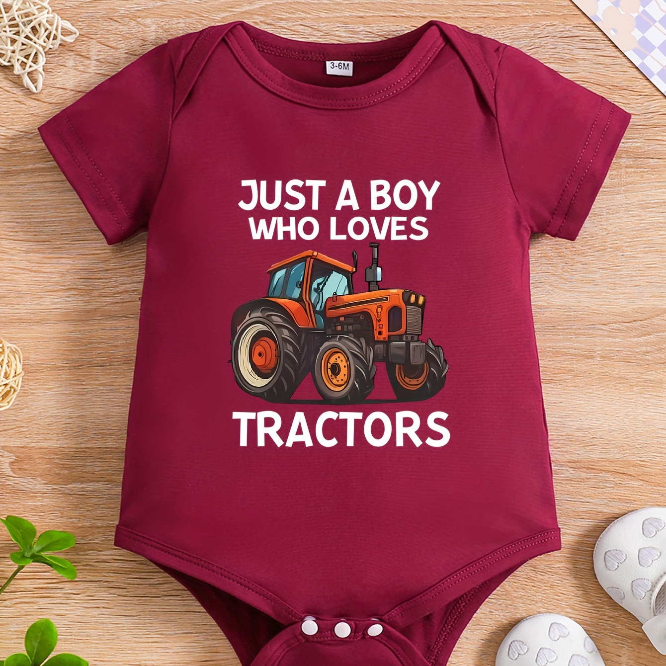 

Letters Print Tractor Pattern Short Sleeve Crew Neck Romper, Comfy Walking Wear Summer Gift, Baby Boys' Clothing