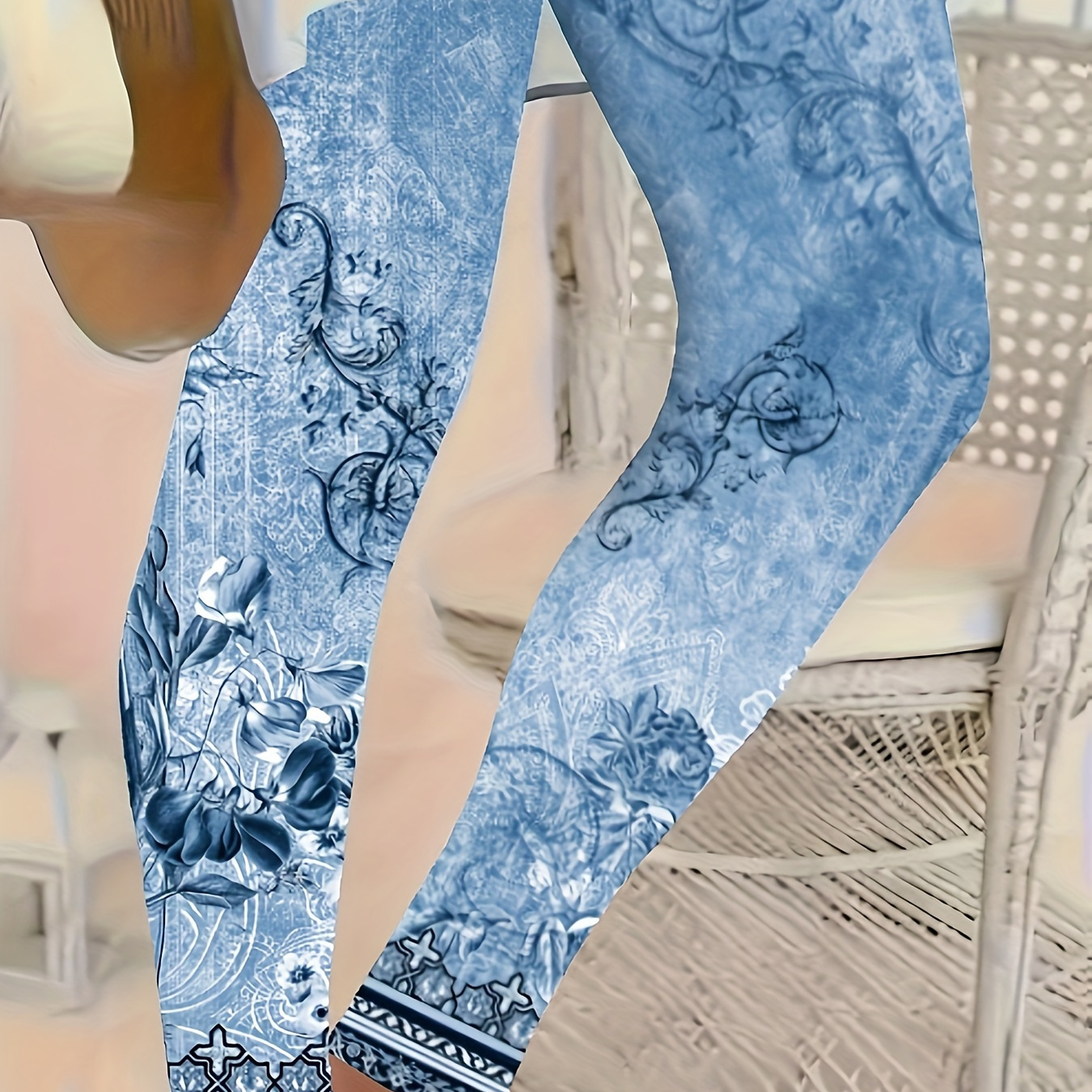 

Women's Plus Size Floral Print Stretch Leggings - Elegant Blue With White And Gray Patterns, Comfortable Polyester , Machine Washable, Plus Size Leggings