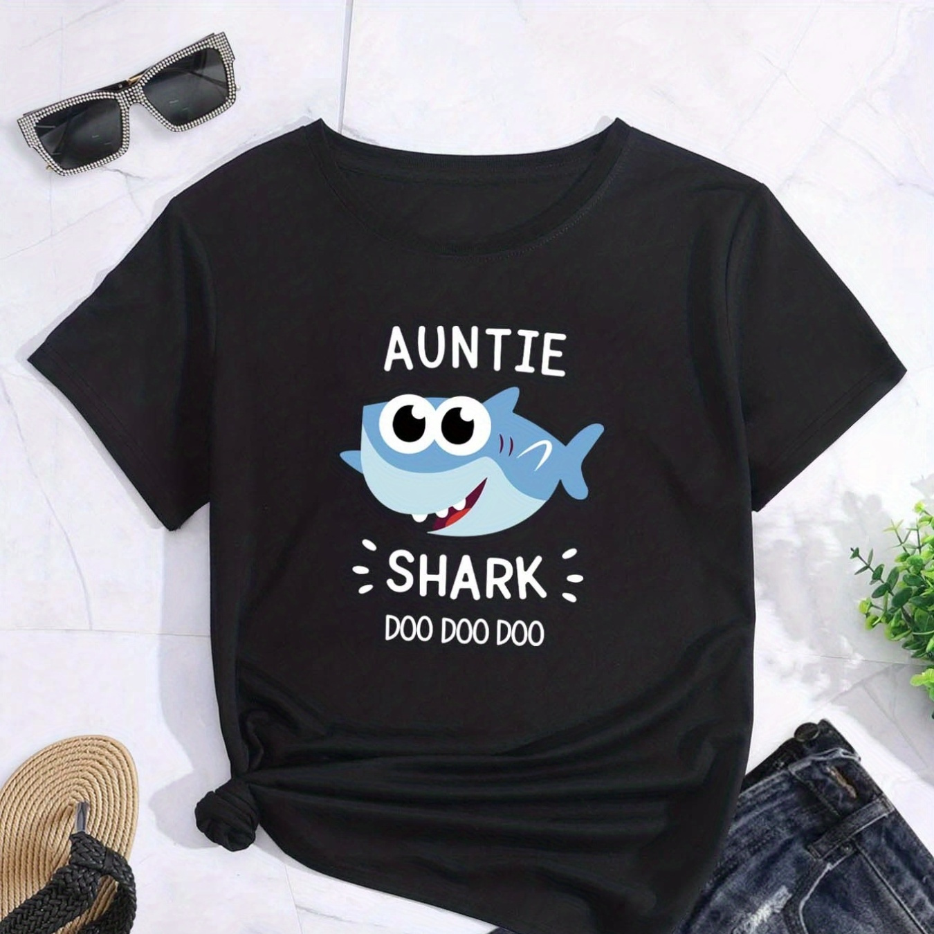 

Plus Size Cute T-shirt, Women's Plus Cartoon Shark Print Short Sleeve Round Neck Slight Stretch T-shirt