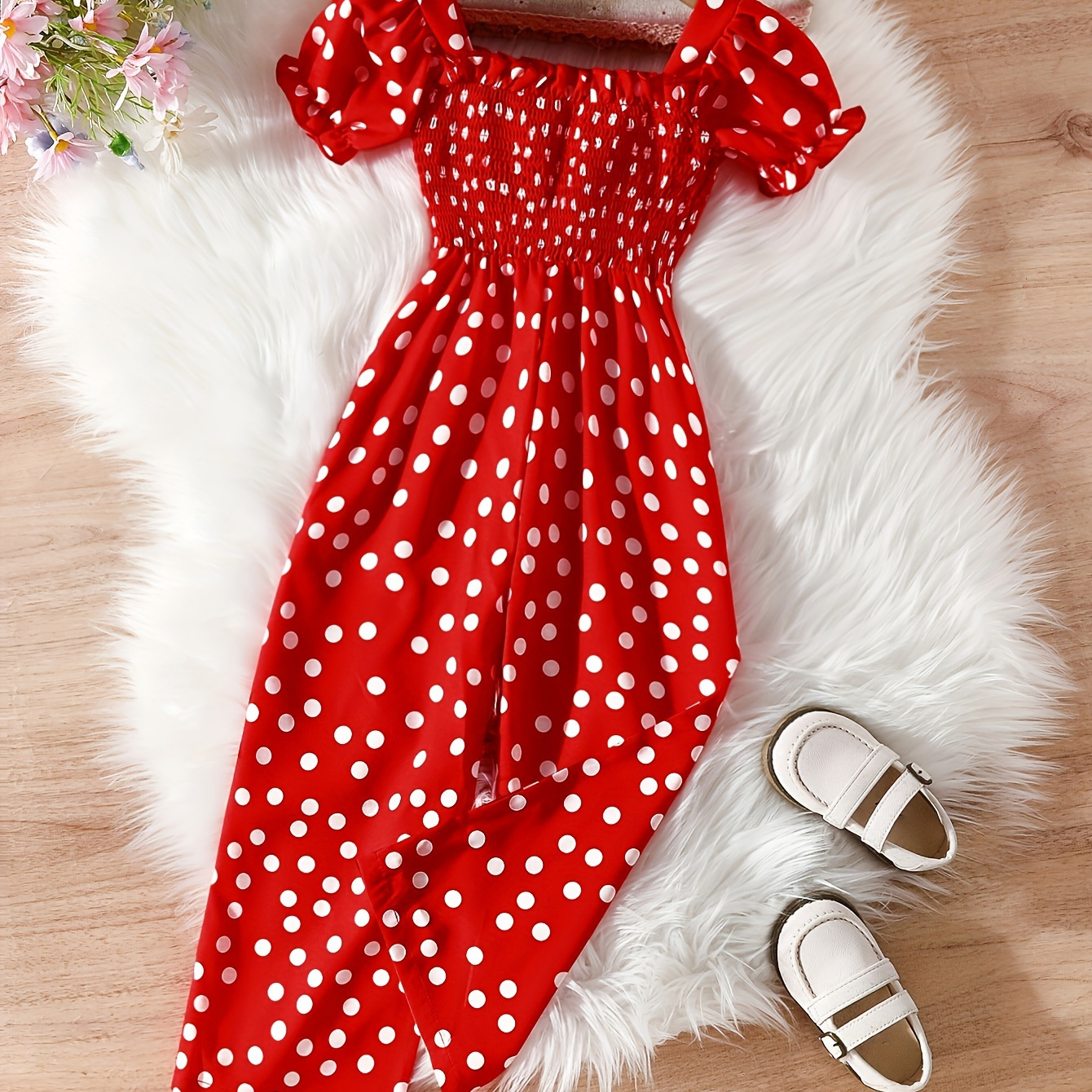 

Toddler Girls Polka Dot Print Puff Short Sleeve Jumpsuit Romper Summer Party Gift Holiday