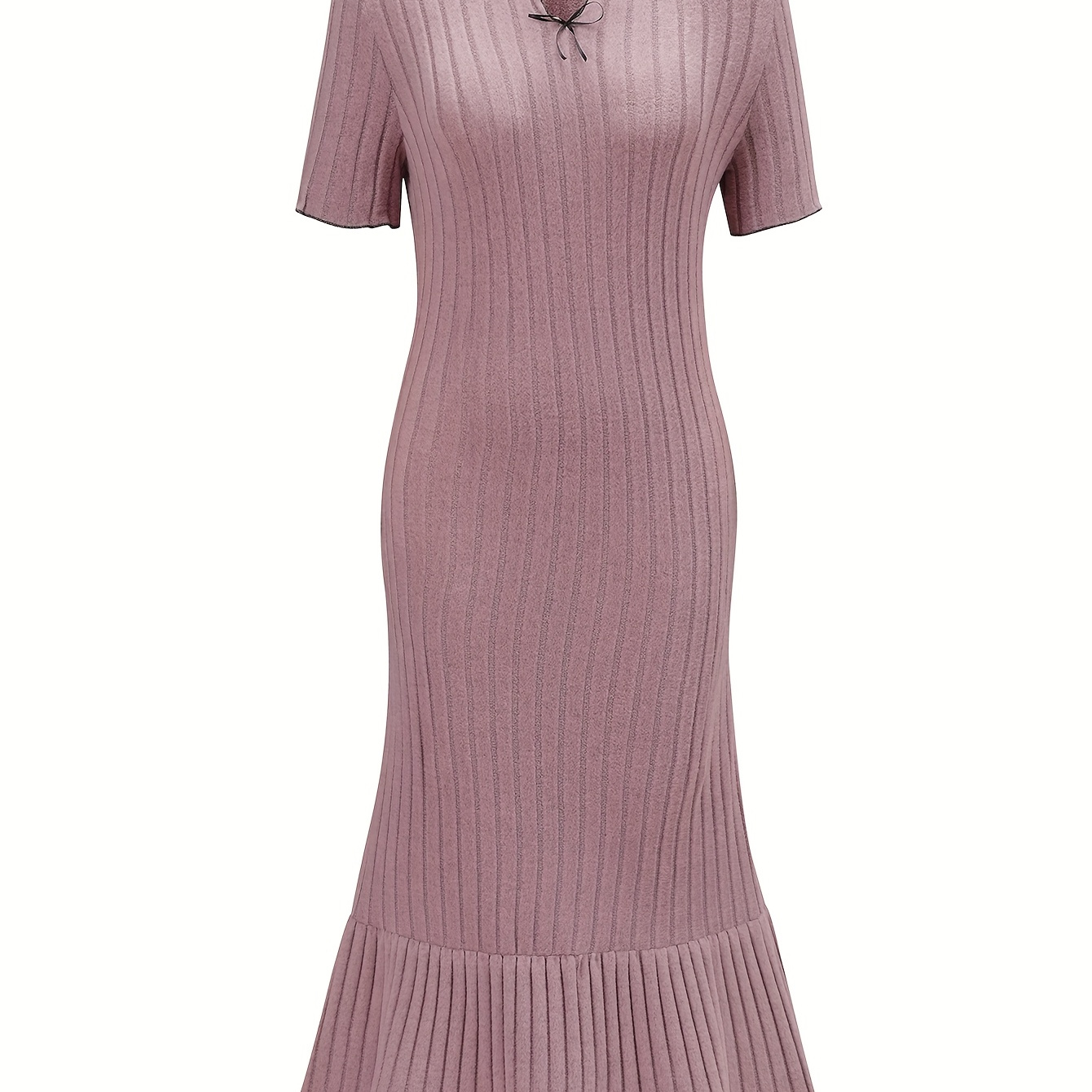 

Elegant Polyester Nightgown Sleep Dress, High Neck, Short Sleeve, Solid Color, Knit Fabric, With Ruffle Hem And Bow Detail, For Spring/summer/fall - Adult Nightwear