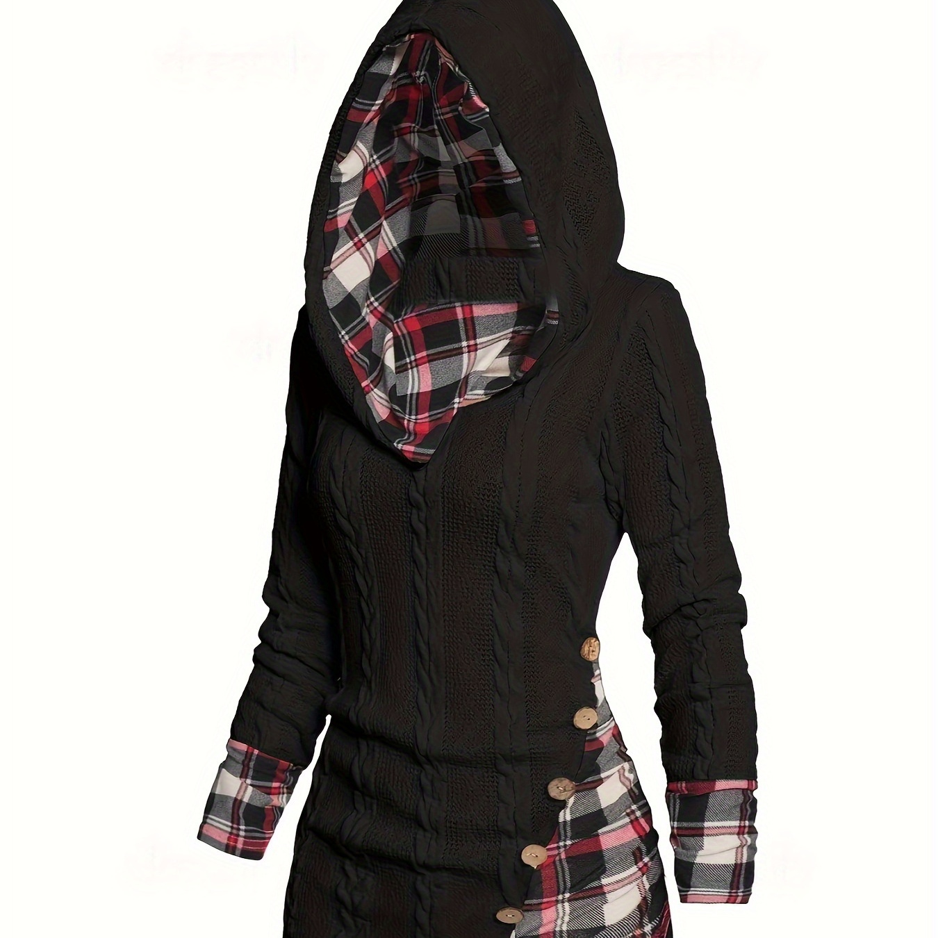 

Plaid Splicing Button Decor Cable Hoodie, Casual Long Sleeve Hoodie, Women's Clothing