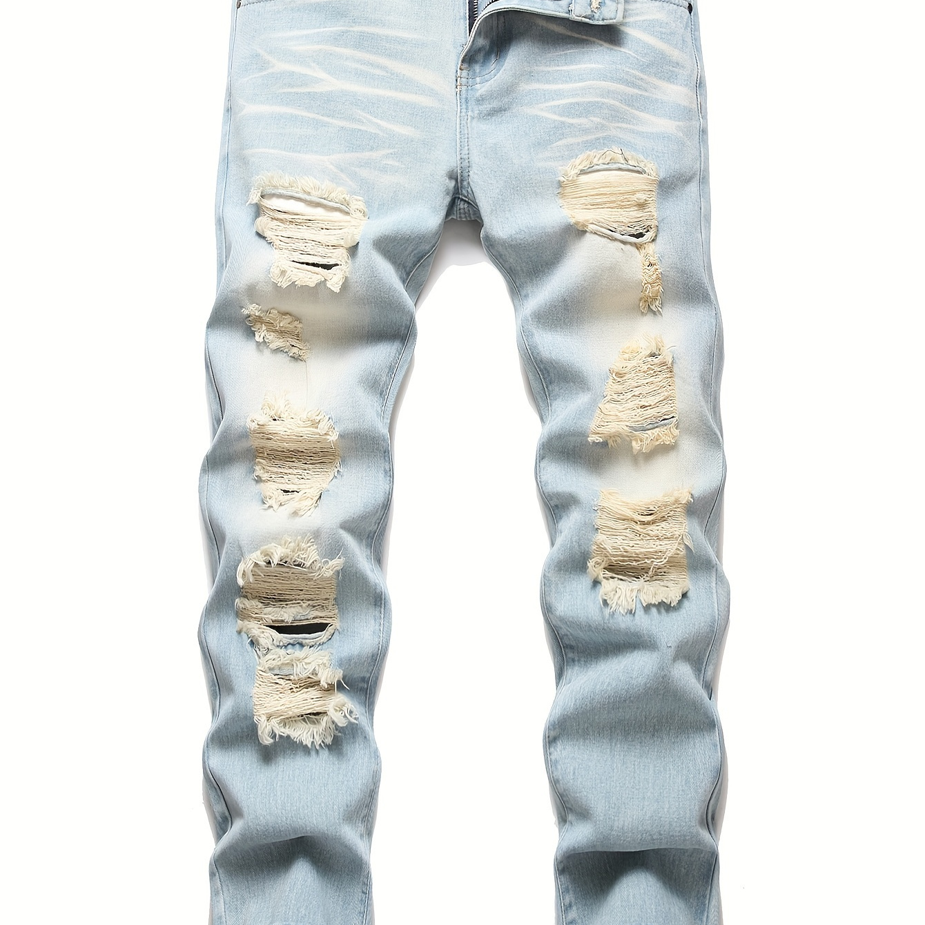 

Men's Slim-fit Ripped & Wash Jeans - Distressed Light Blue Denim With Vintage , Comfortable Mid-rise, Casual Wear