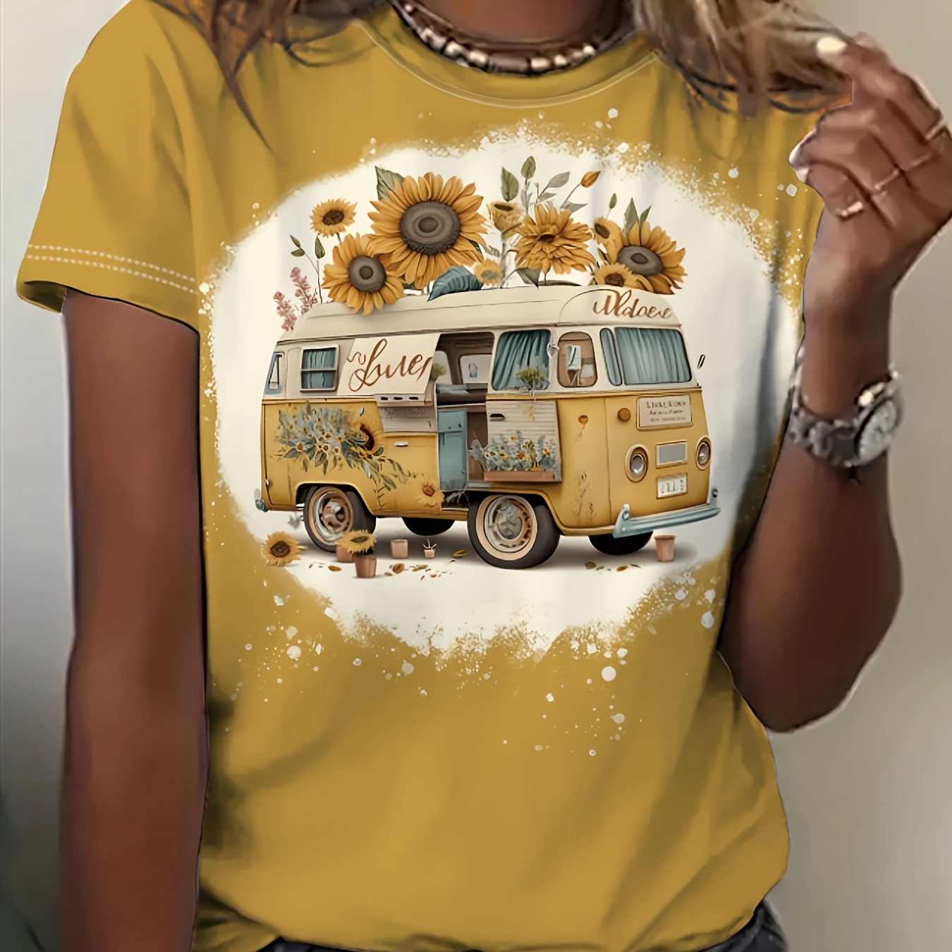 

Sunflower & Vintage Car Print Casual T-shirt, Crew Neck Short Sleeve Top For Spring & Summer, Women's Clothing