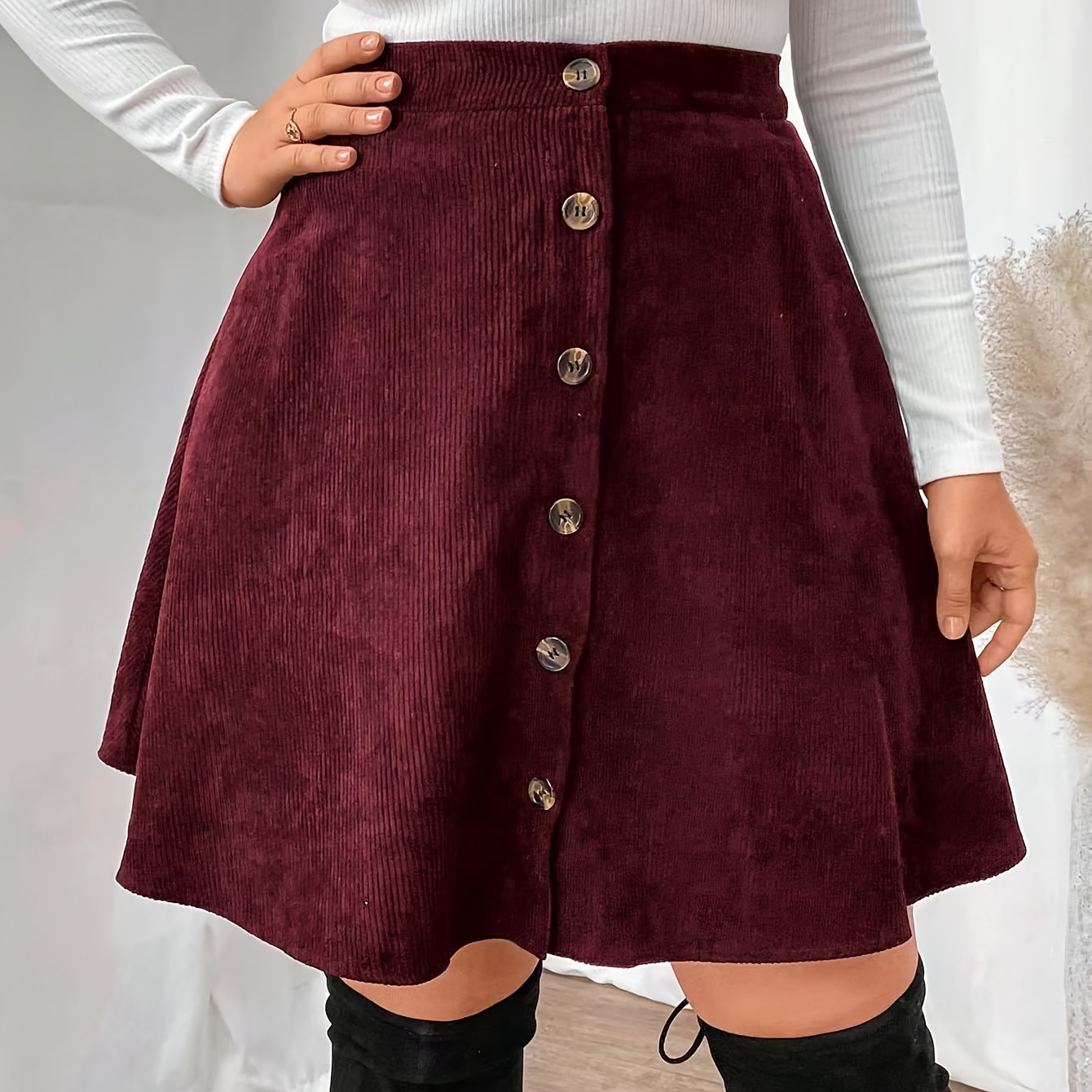 

Plus Size Corduroy Skirt For Women, , Solid Color, Non-stretch Knitted Fabric, Short Length, With Button Detail, For Spring/fall Season, Fashionable Flared Skirt