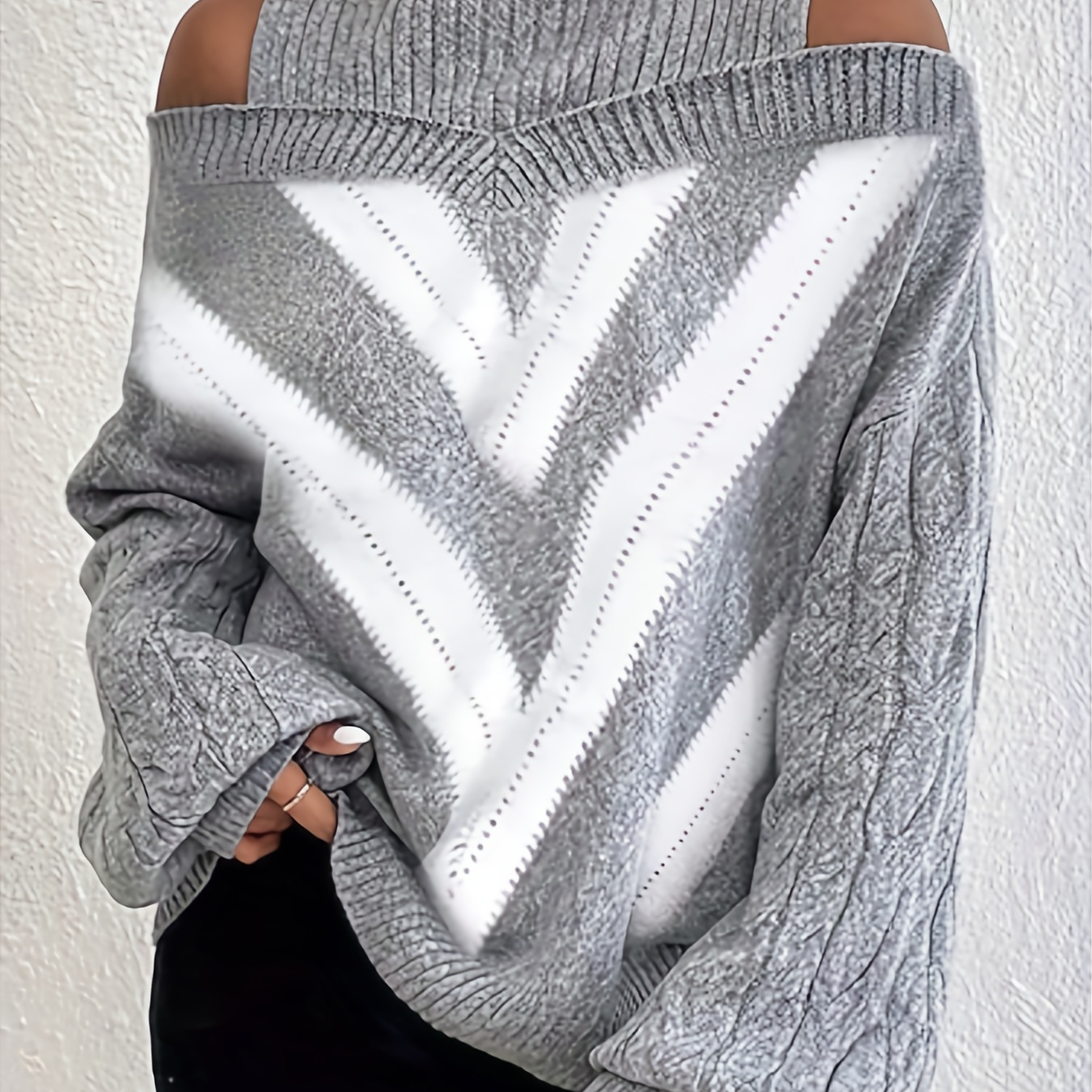 

Plus Size Casual Sweater, Women's Plus Geometric Print Cold Shoulder Long Sleeve Slight Stretch Turtle Neck Sweater