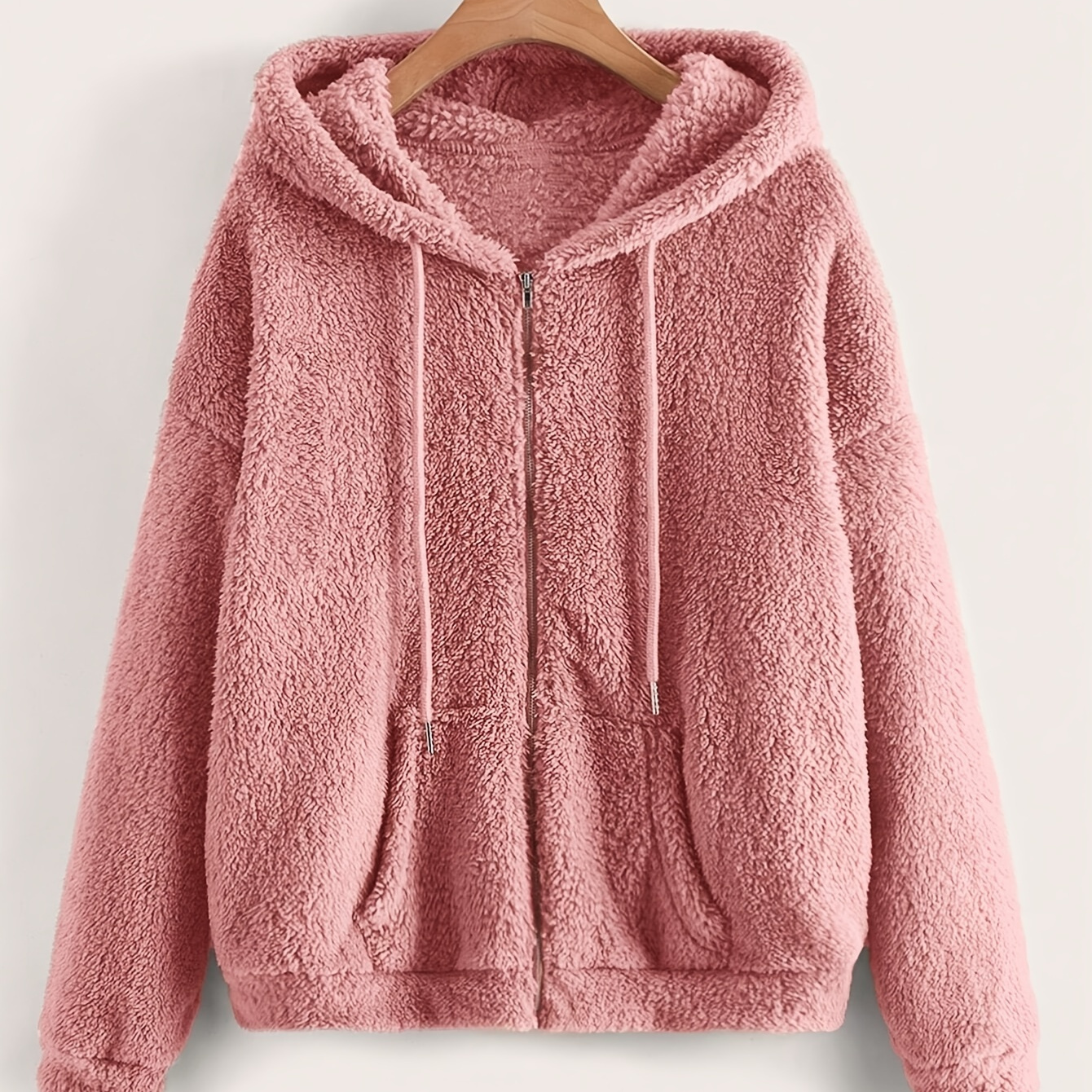 

Cozy Fleece Hooded Jacket For Women - Casual Solid Color With Pockets, Zip-up Front, Machine Washable - Fall/winter, Plush, Zipper, Coat