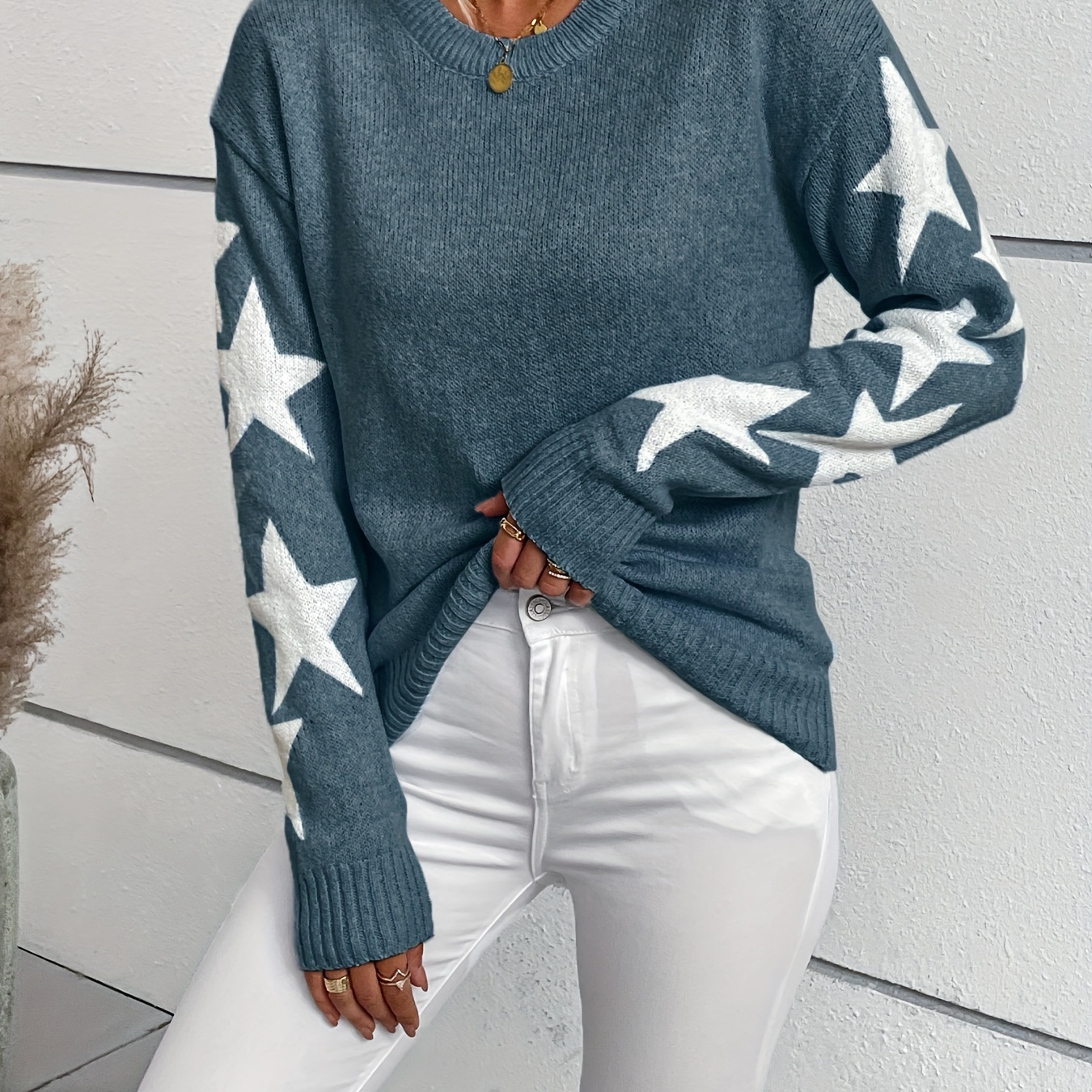 

Star Pattern Crew Neck Pullover Sweater, Vintage Long Sleeve Drop Shoulder Sweater, Women's Clothing