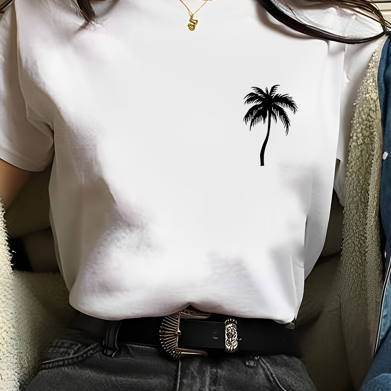 

Coconut Tree Print Crew Neck T-shirt, Short Sleeve Casual Top For Spring & Summer, Women's Clothing