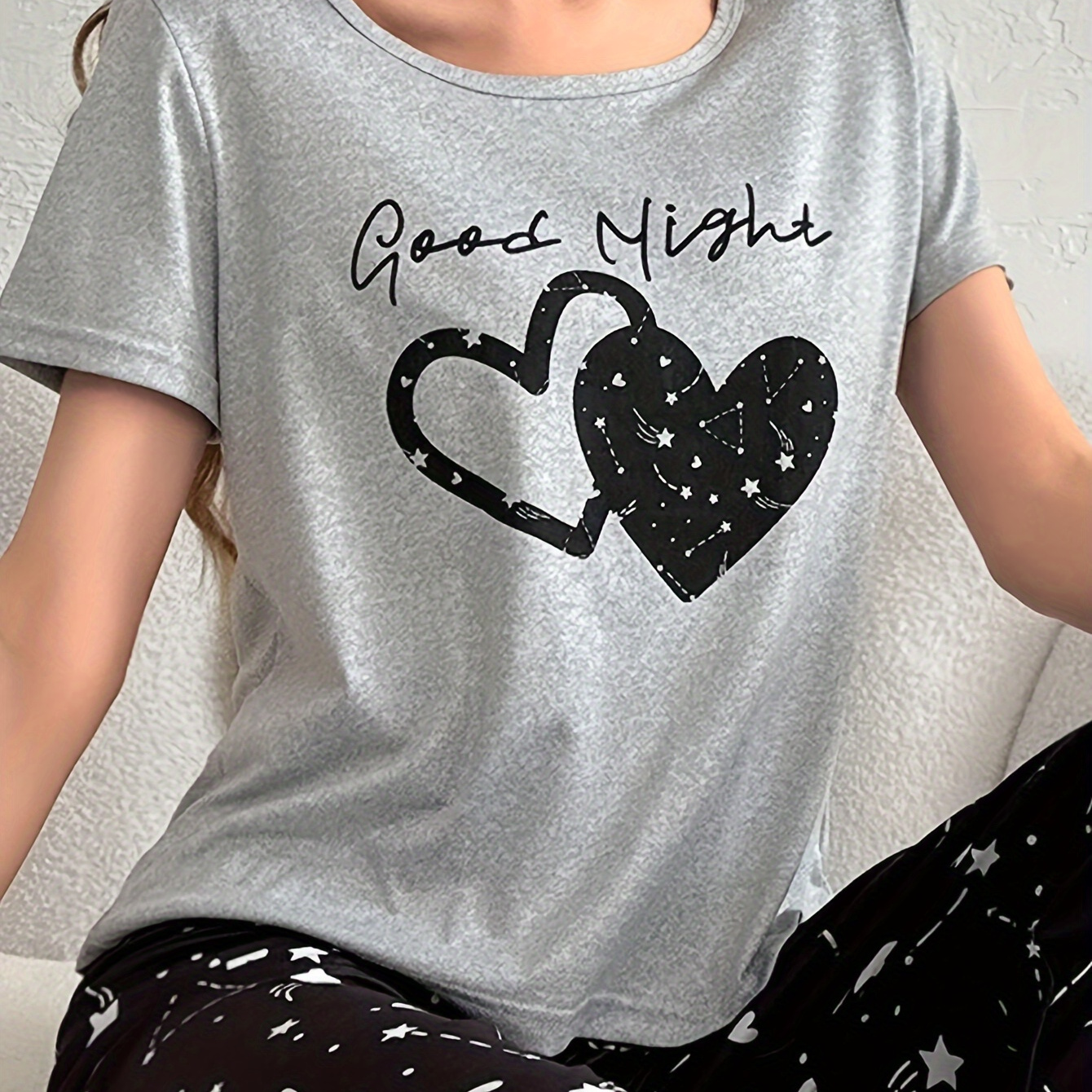 

Casual Heart & Letter Print Pajama Top, Short Sleeve Round Neck T-shirt, Women's Sleepwear