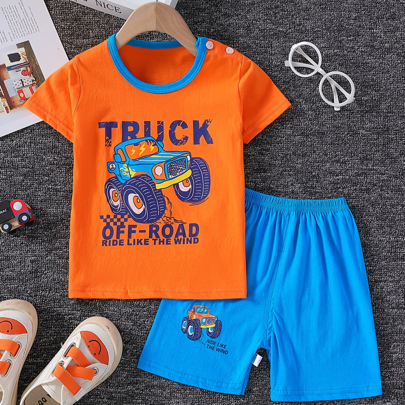 Boys Off-road Truck Print Outfit Shorts & T-shirt Short Sleeves Crew Neck Casual Summer Kids cool set