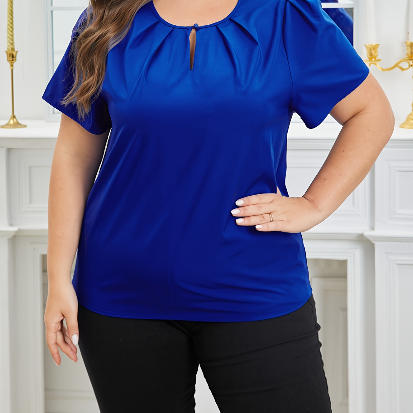 

Plus Size Solid Keyhole Front Blouse, Elegant Crew Neck Short Sleeve Top For Spring & Summer, Women's Plus Size Clothing