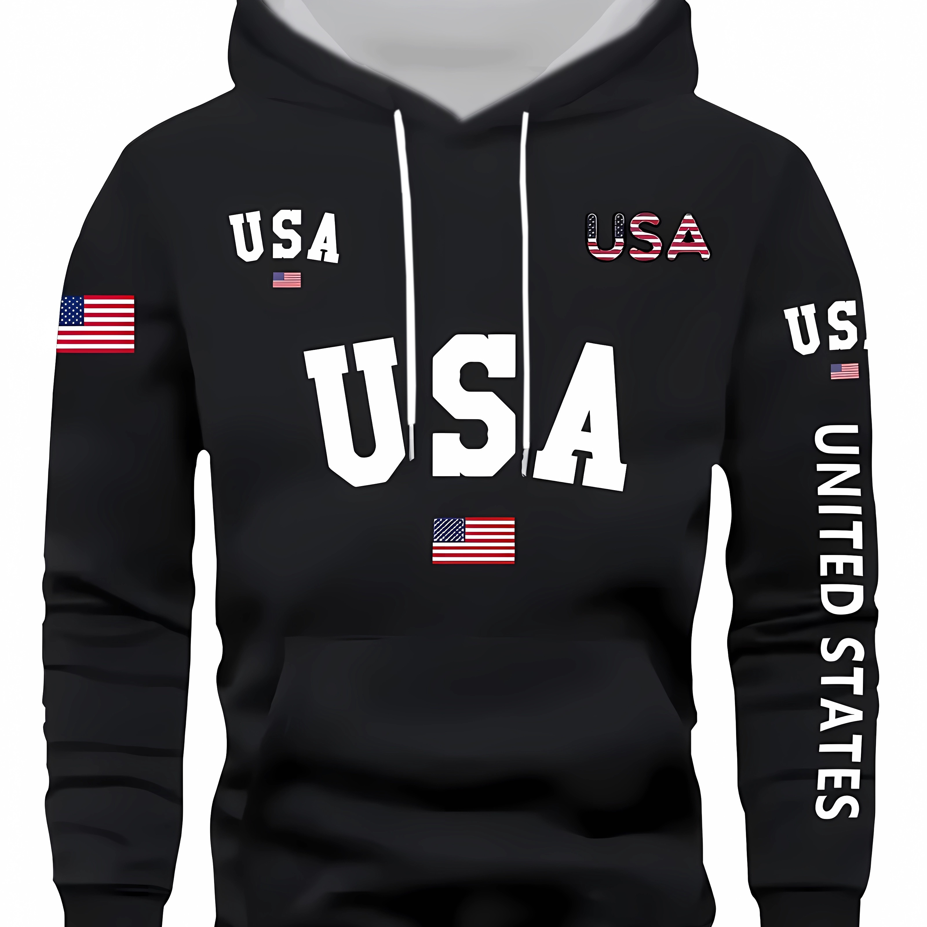 

Usa Patriotic Men's Hoodie With 3d Print, 100% Polyester Casual Knit Fabric With Slight Stretch, Long Sleeve Hooded Sweatshirt With Geometric Pattern - Regular Fit