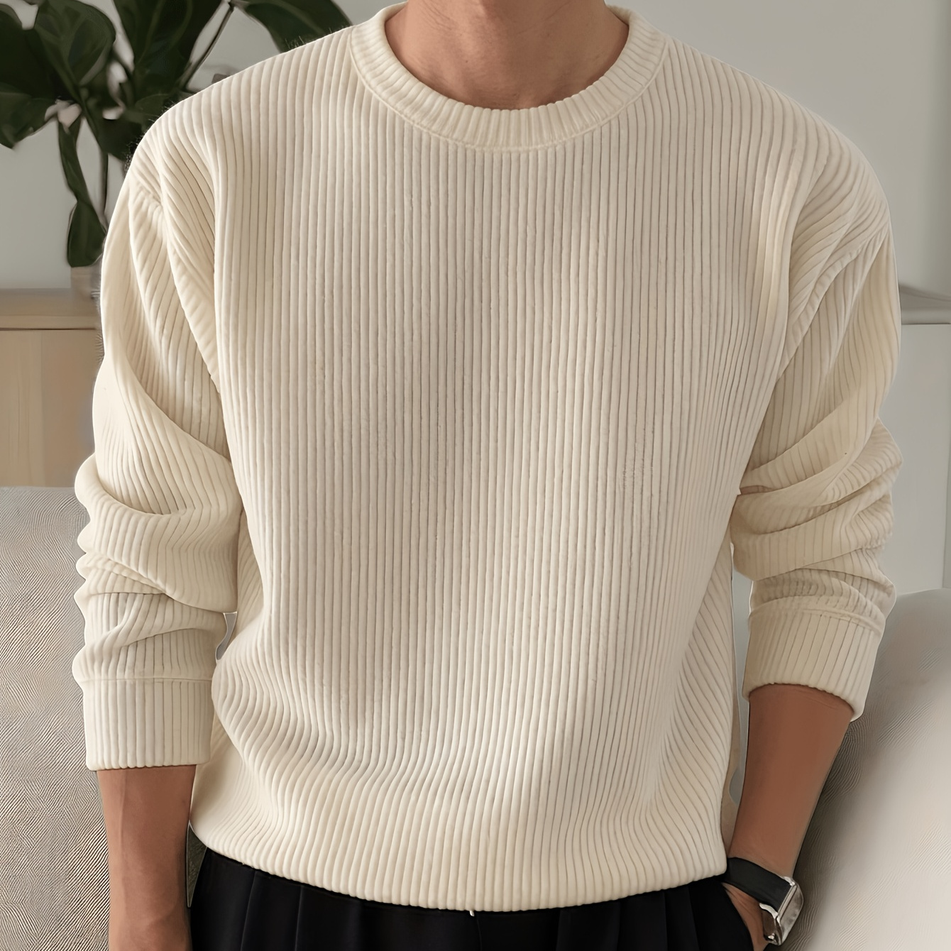 Camiseta Masculina de Malha de Manga Comprida com Canelado e Corte Solto para Primavera/Outono, Novo Pulôver Masculino de Malha com Gola Redonda, Moletom Casual da Moda