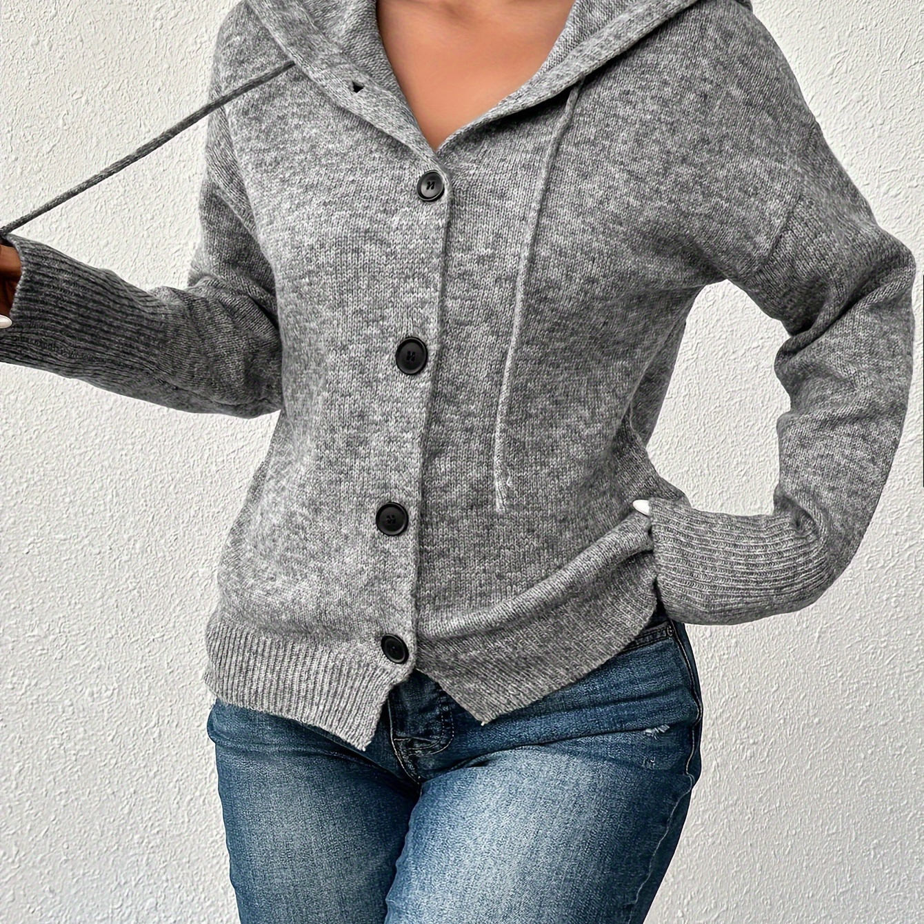 

Solid Single Breasted Hooded Cardigan, Versatile Long Sleeve Knit Outwear For Fall & Winter, Women's Clothing