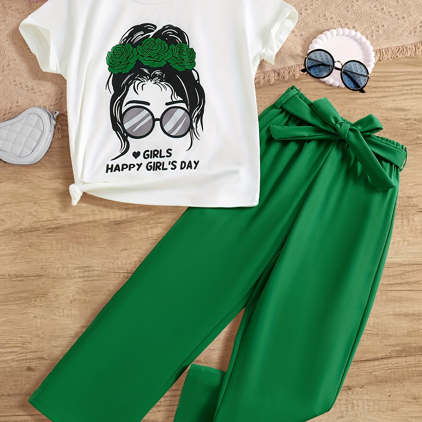 

2pcs, Sassy Portrait Short Sleeve Crew Neck T-shirt + Solid Color Pants With Belt Set For Girls, Comfy And Casual Summer Gift