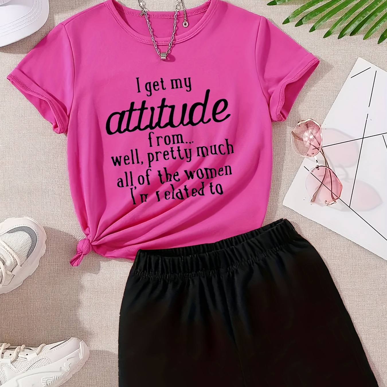 

2pcs Girls Trendy Attitude Graphic T-shirt And Elastic Waist Shorts - Perfect For Summer Fashion Wear