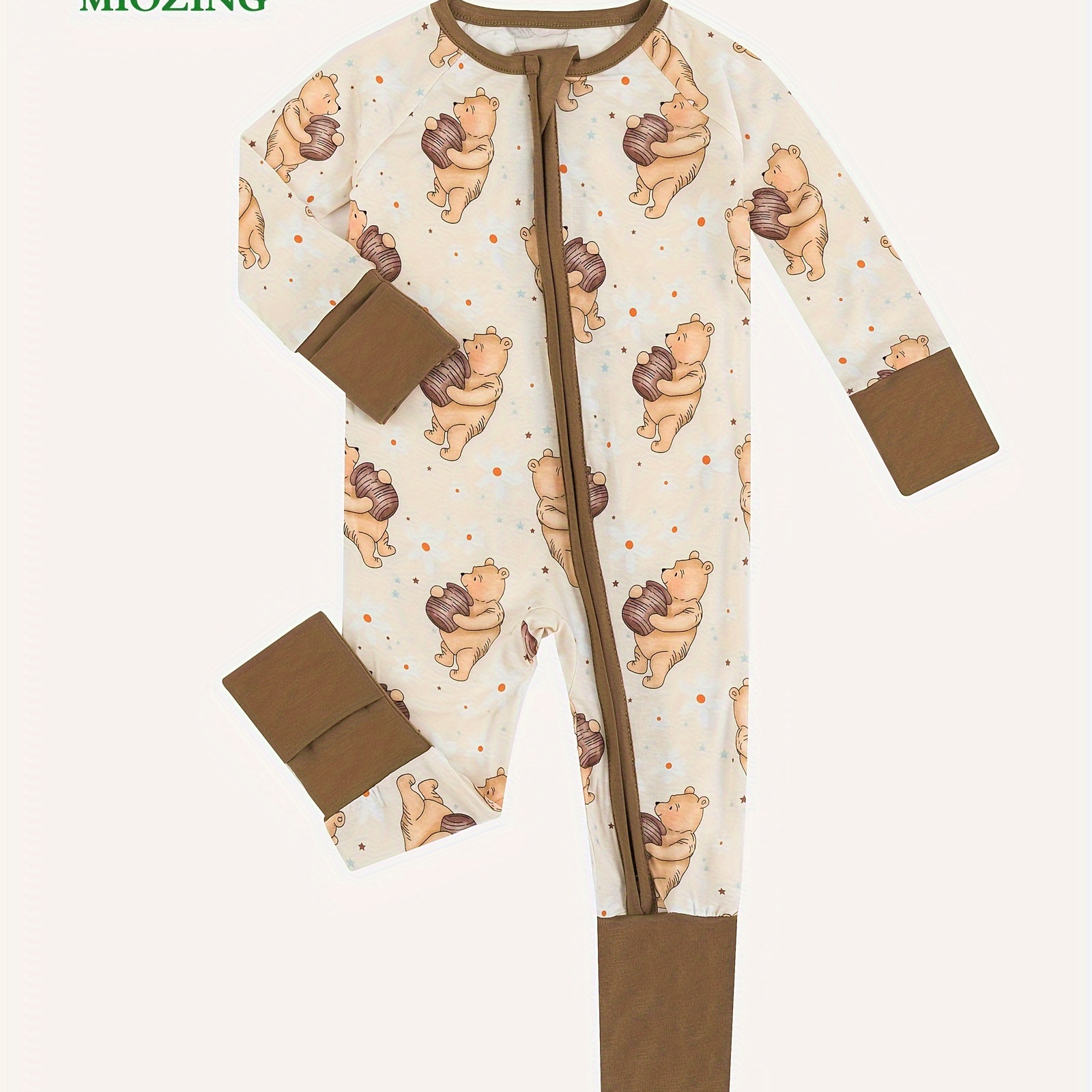 

Miozing Bamboo Fiber Bodysuit For Baby, Cartoon Bear & Honey Pattern Long Sleeve Onesie, Infant & Toddler Girl's Romper