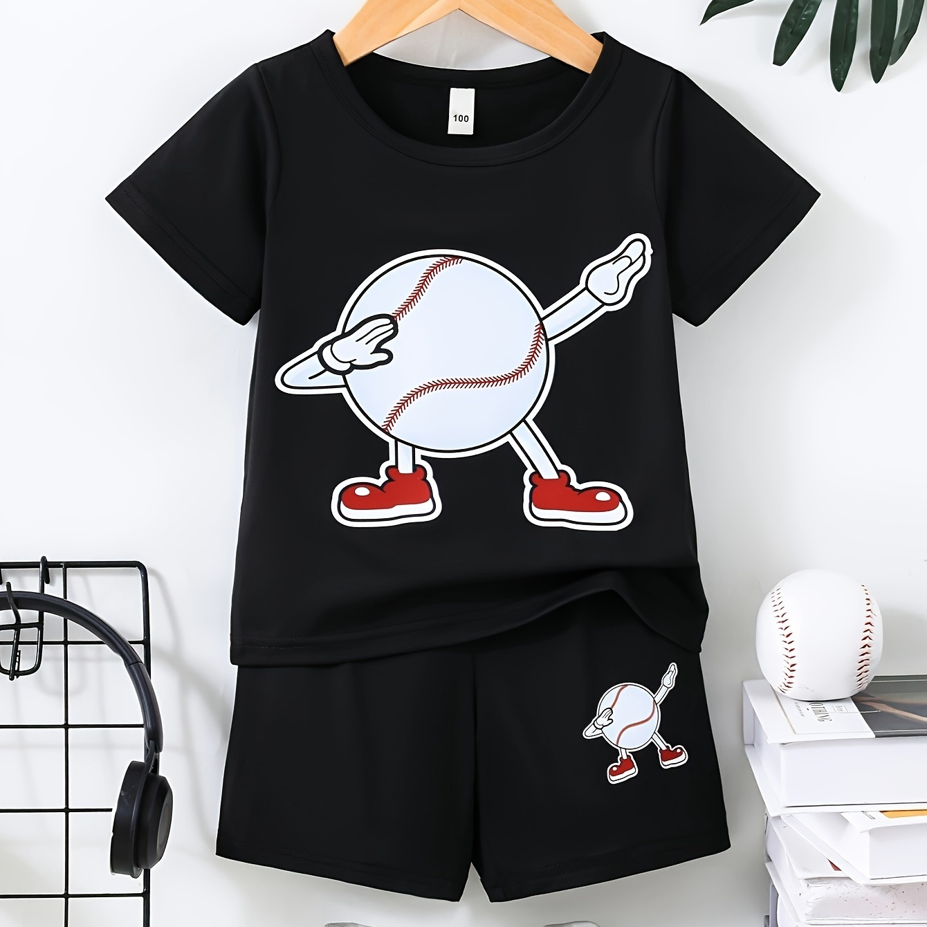 

2pcs Boys Casual Cartoon Baseball Graphic Print Short Sleeve T-shirt & Shorts Set, Comfy Summer Boys Clothes